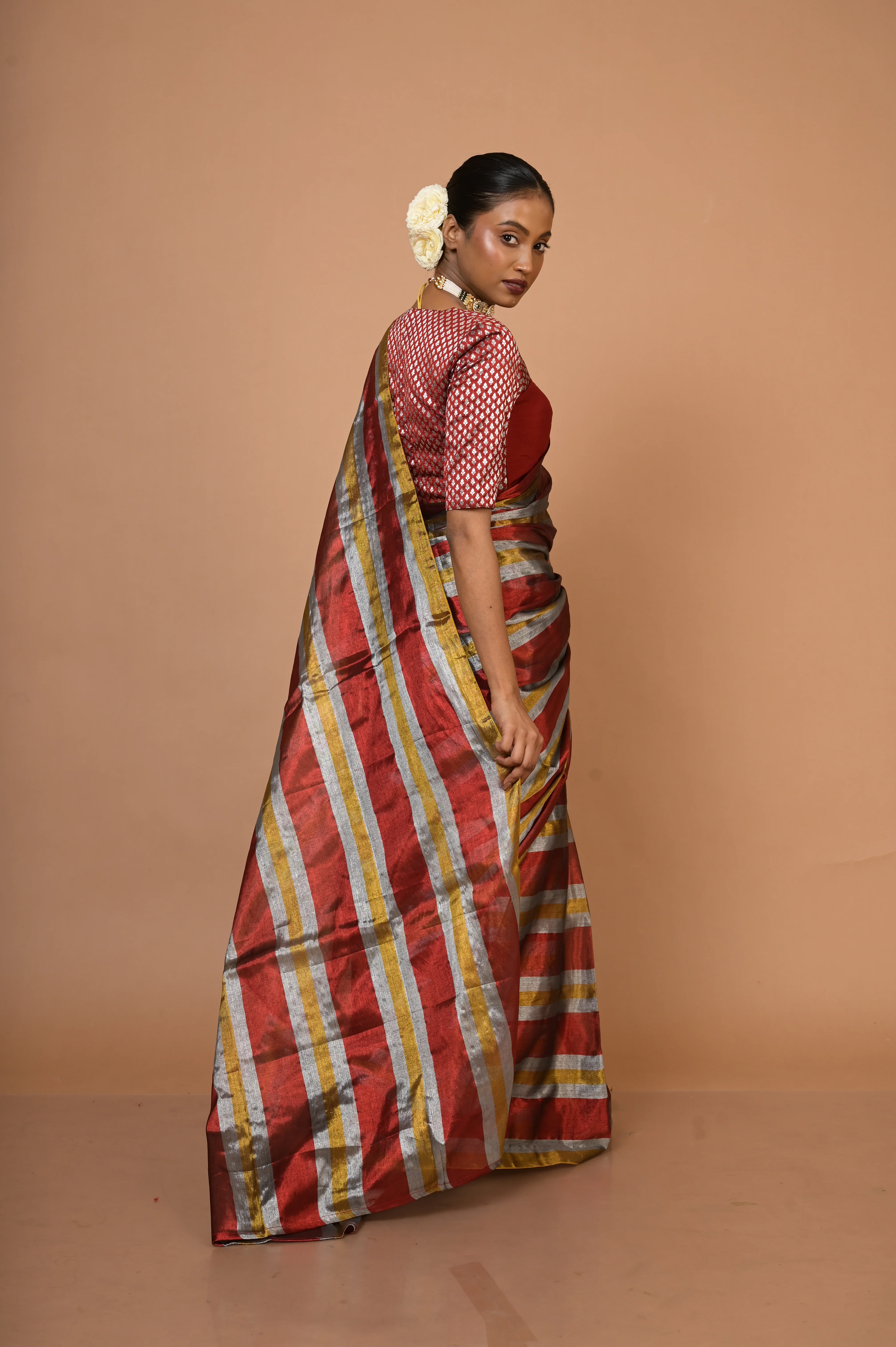 Prathamika Multicolour Striped Handloom Tissue Saree - Image 8