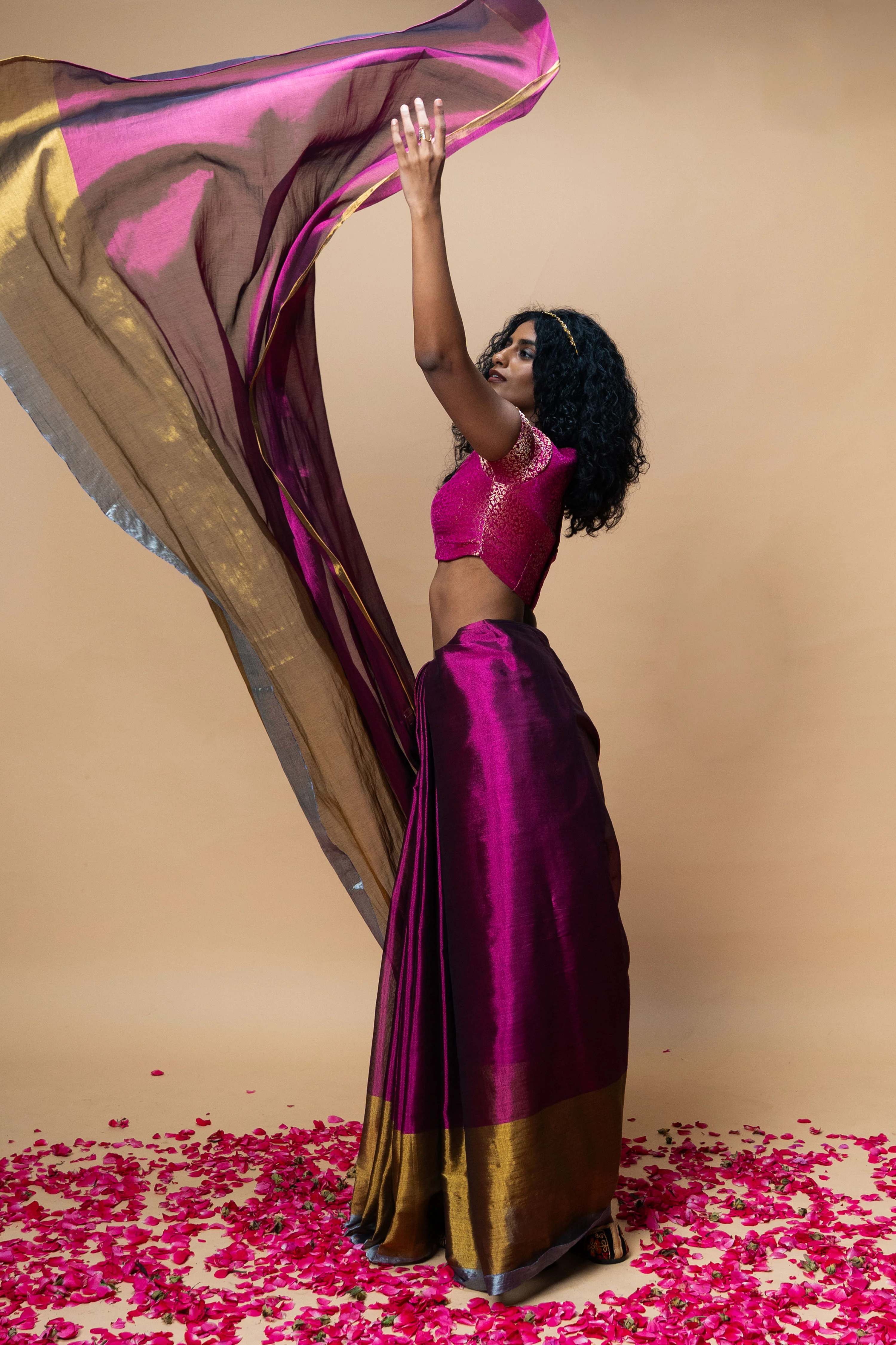PRATYA I Purple Handwoven Tissue saree with Gold and silver striped border - Image 2