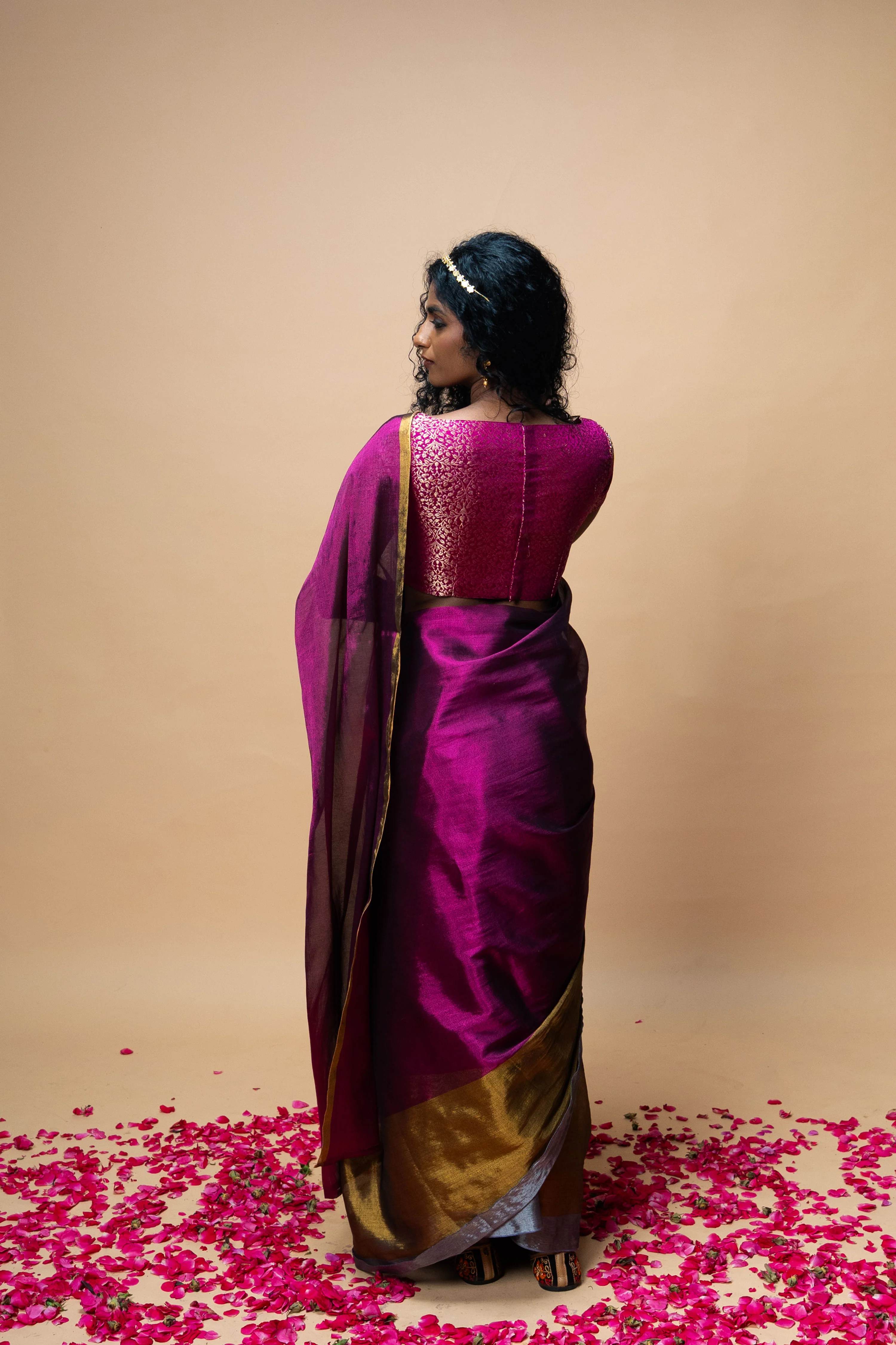 PRATYA I Purple Handwoven Tissue saree with Gold and silver striped border - Image 3