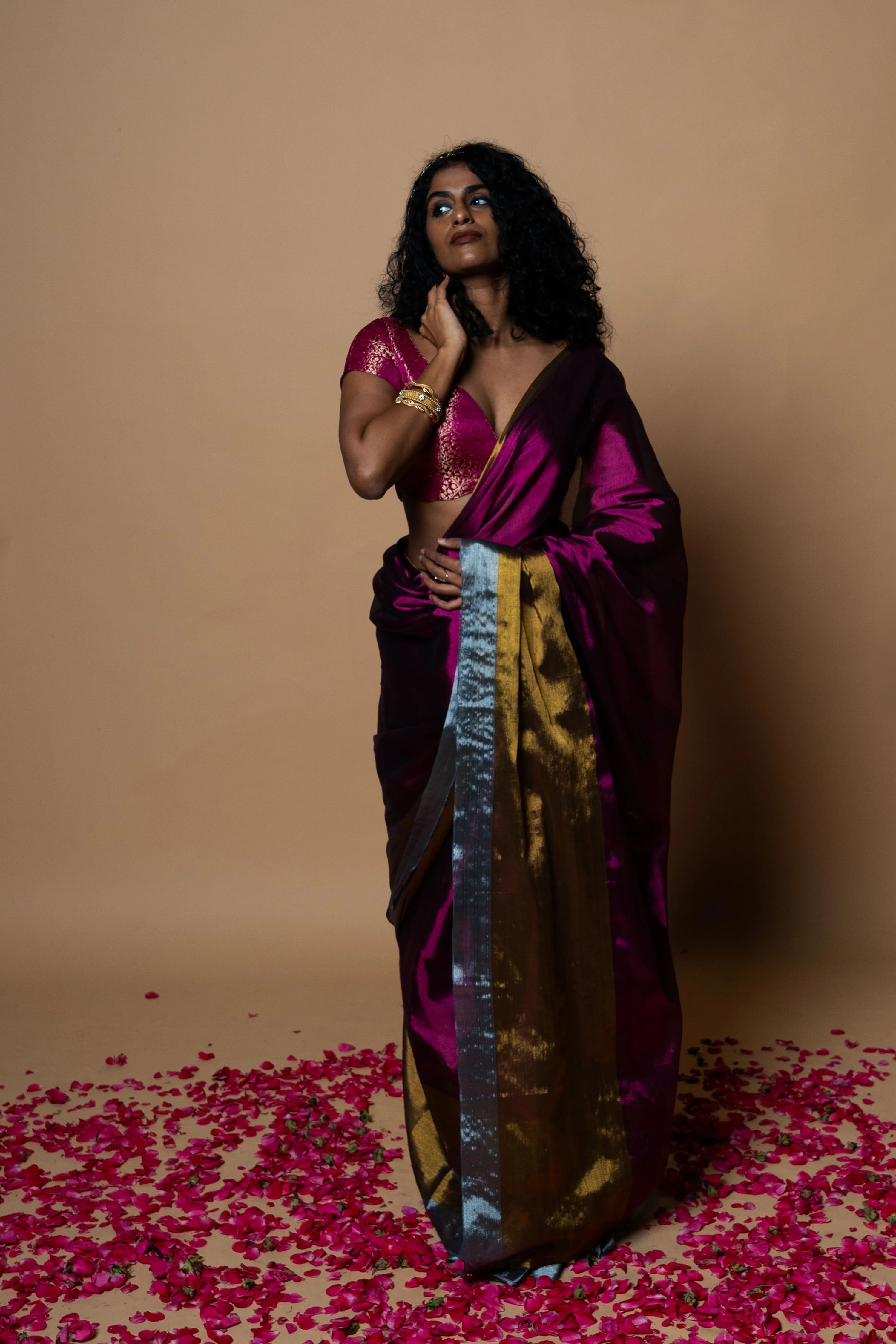 PRATYA I Purple Handwoven Tissue saree with Gold and silver striped border - Image 4