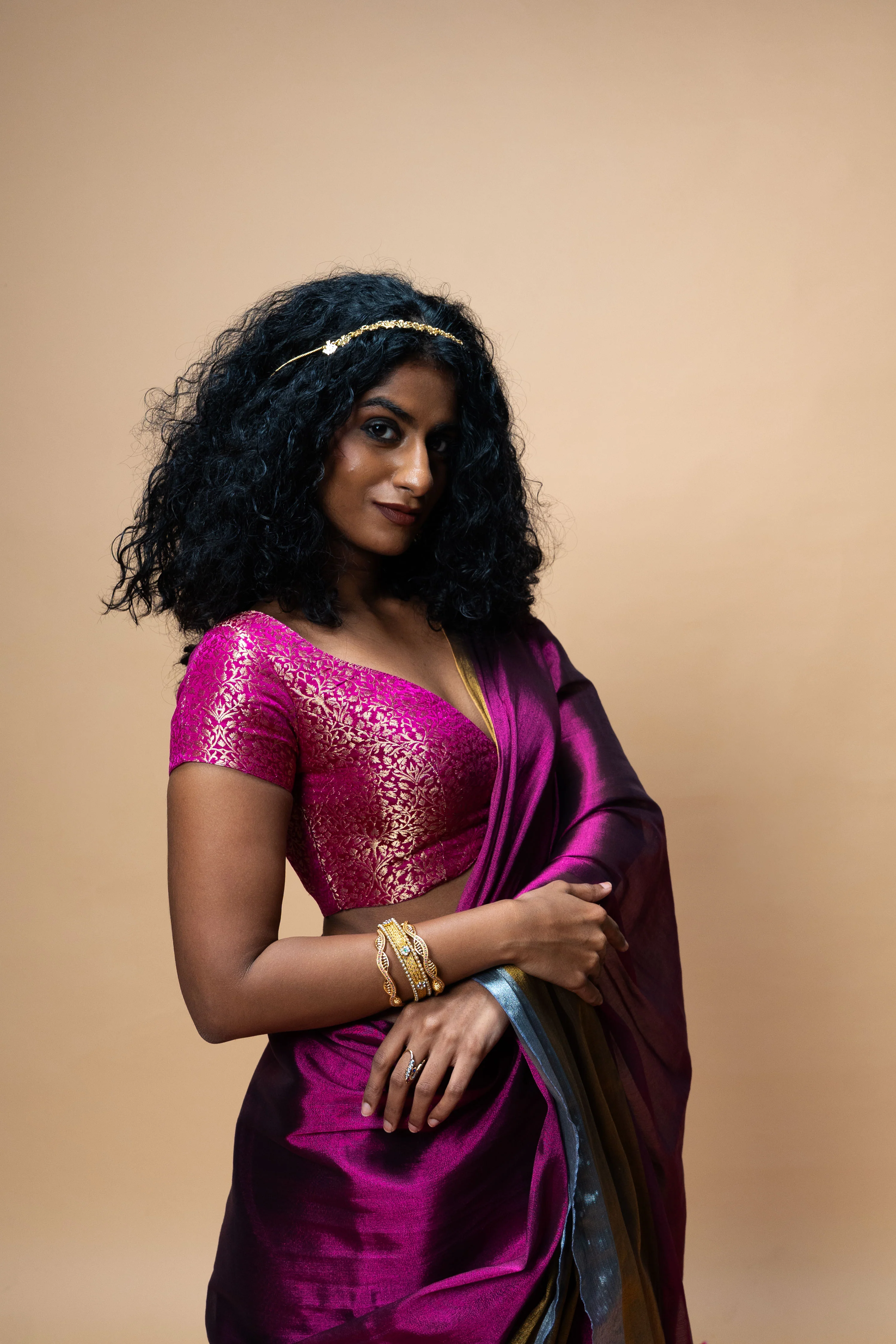 PRATYA I Purple Handwoven Tissue saree with Gold and silver striped border - Image 5