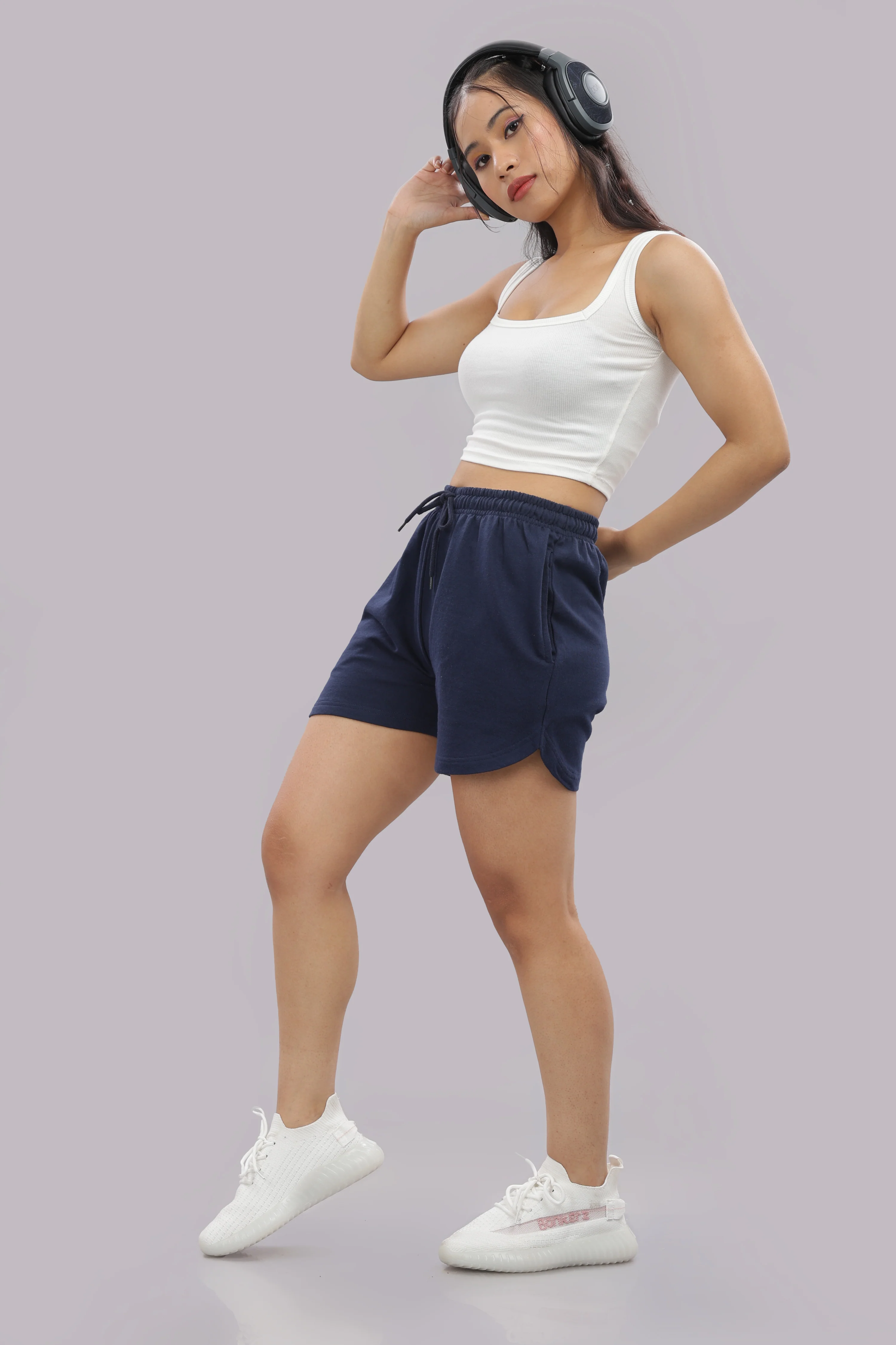 Women Navy Blue Cotton Regular Jogger Shorts - Image 11