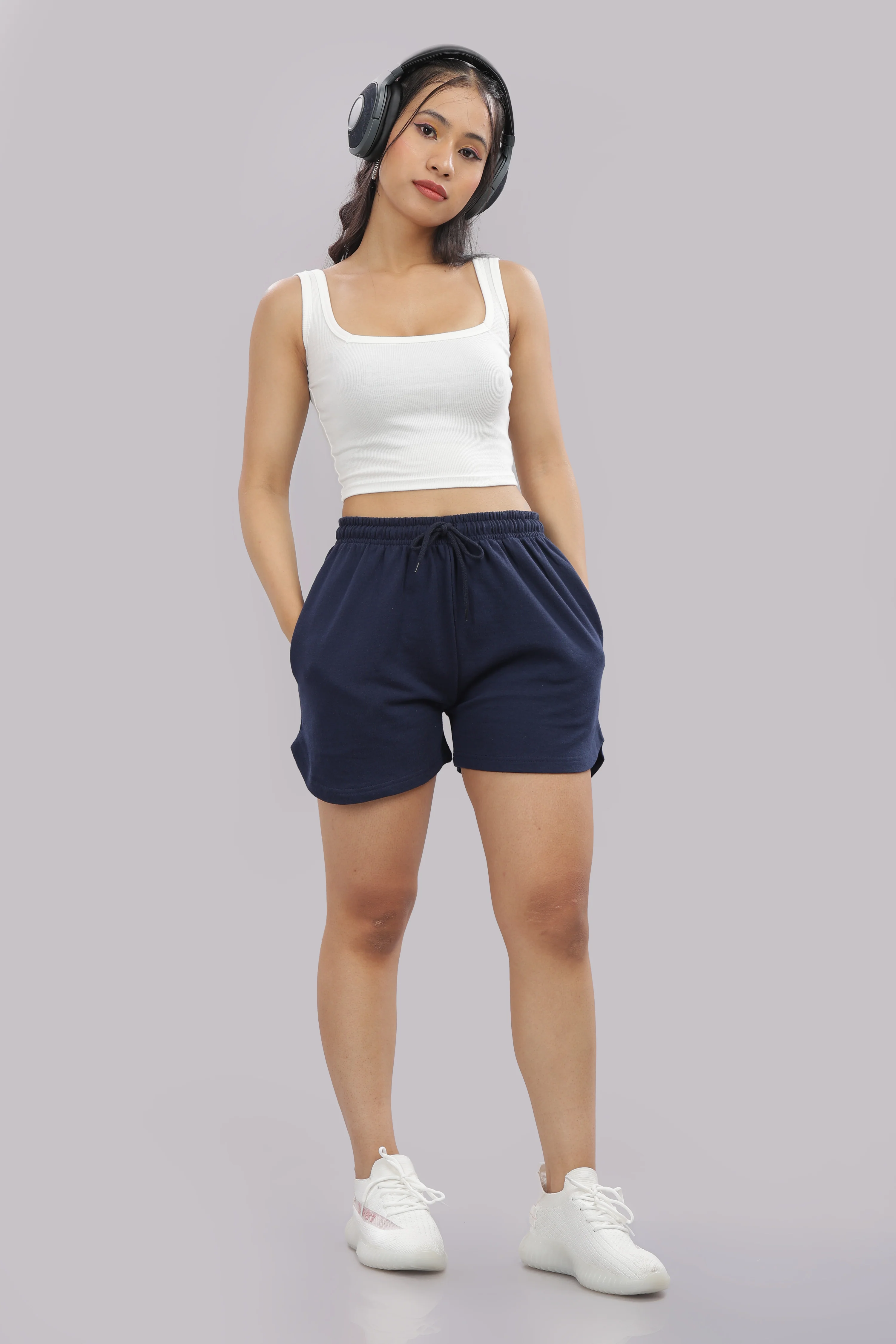 Women Navy Blue Cotton Regular Jogger Shorts - Image 9