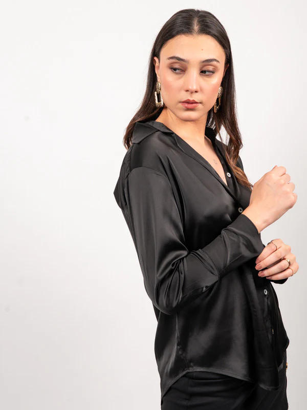 Women Black Satin Party Shirt - Image 4