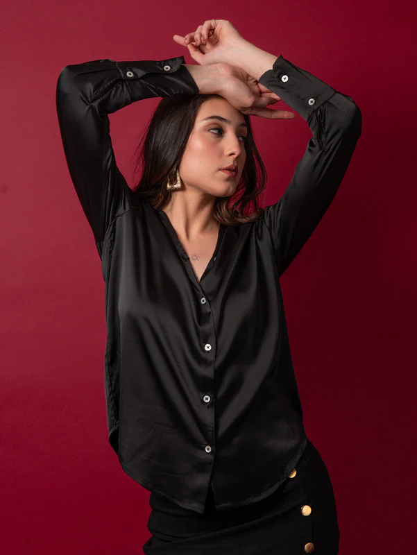 Women Black Satin Party Shirt - Image 7