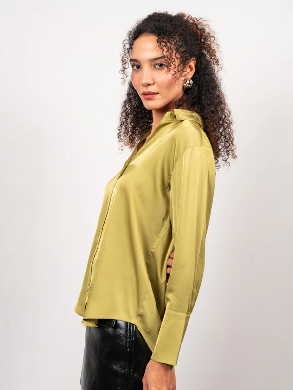 Women Green Satin Party Shirt - Image 3