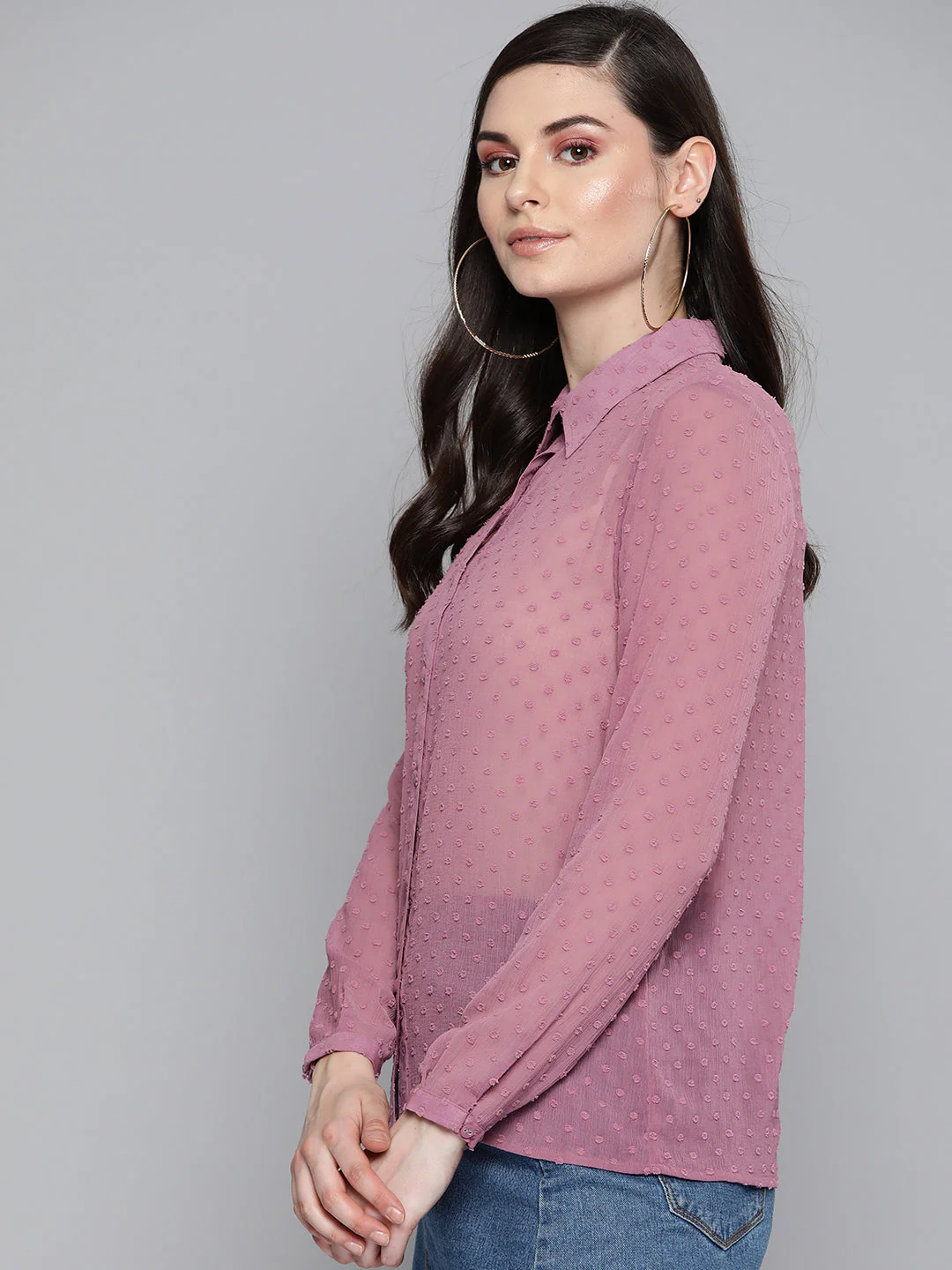 Women Purple Dobby Sheer Boxy Shirt - Image 2