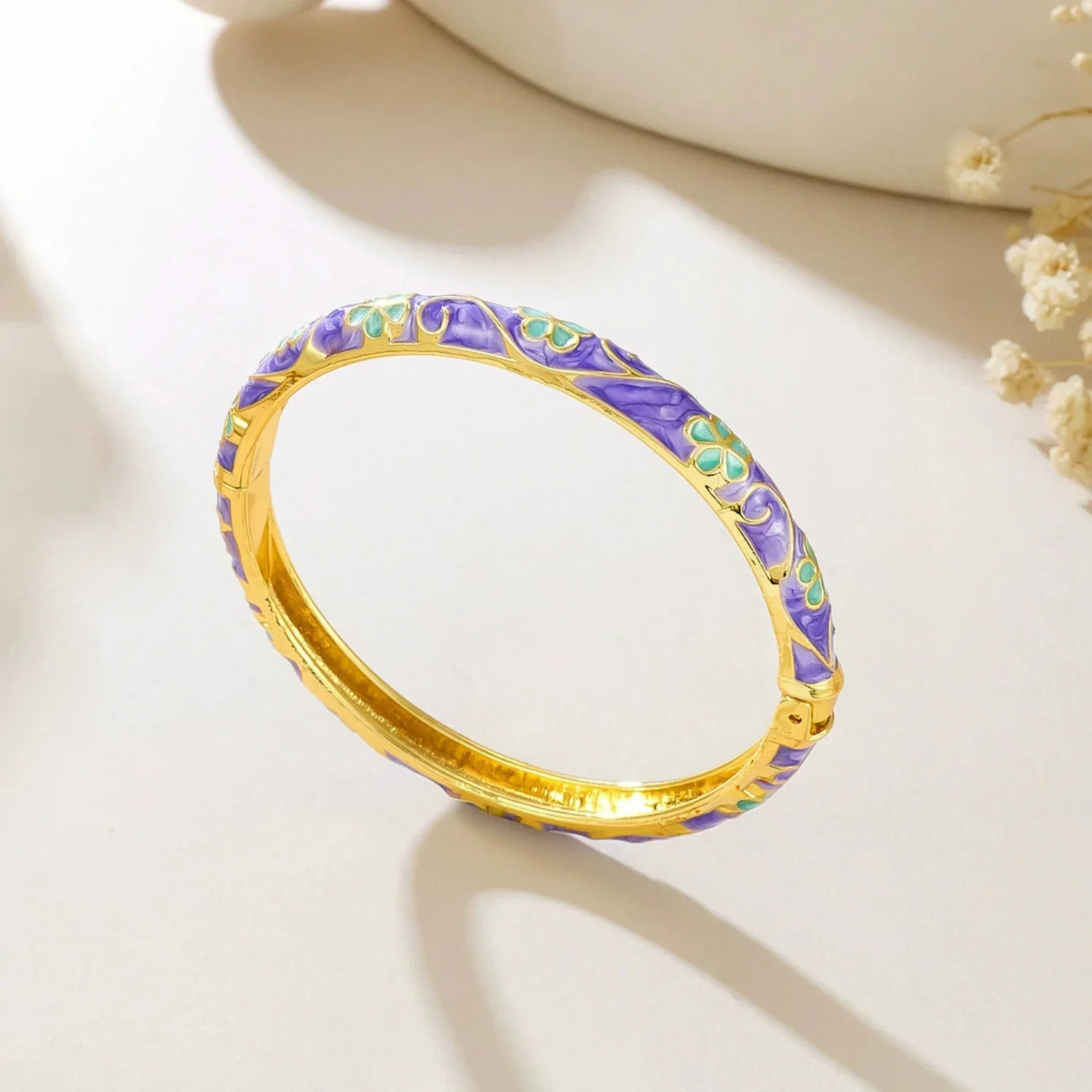 Purple Enamel Floral Gold Bangle