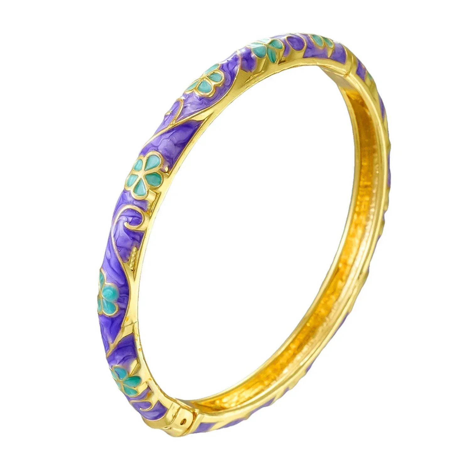 Purple Enamel Floral Gold Bangle - Image 2