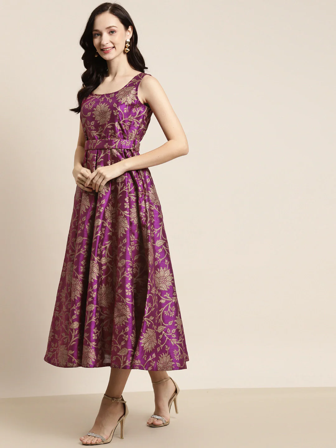 Purple Jacquard Floral Self-Belt Anarkali Maxi - Image 2