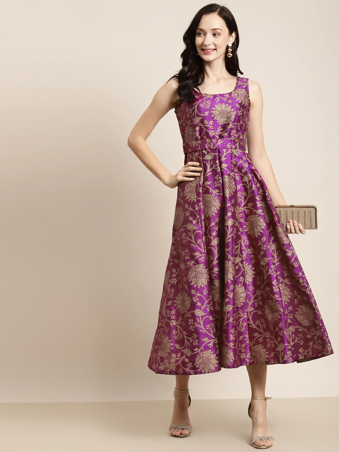Purple Jacquard Floral Self-Belt Anarkali Maxi - Image 3