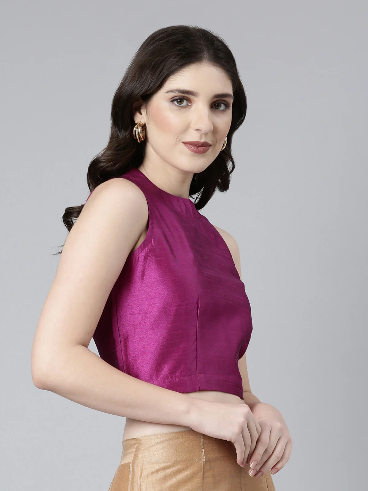 Purple Solid Sleeveless Mandarin Collar Dupion Silk Knot Blouse - Image 4