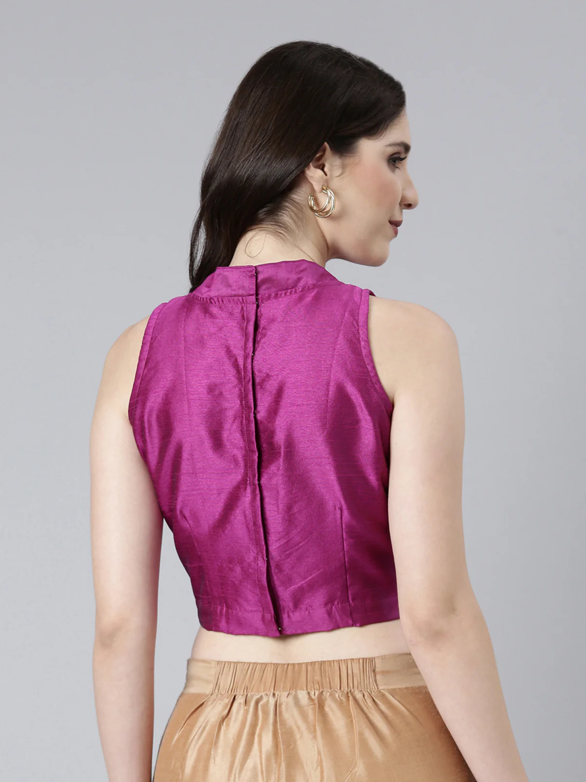 Purple Solid Sleeveless Mandarin Collar Dupion Silk Knot Blouse - Image 5