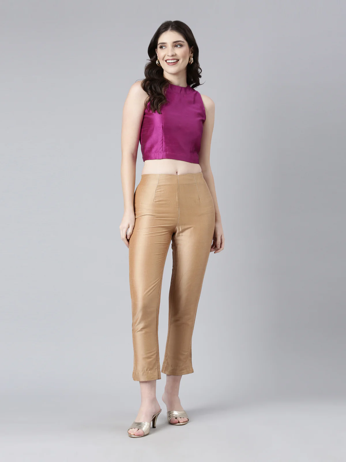 Purple Solid Sleeveless Mandarin Collar Dupion Silk Knot Blouse - Image 6