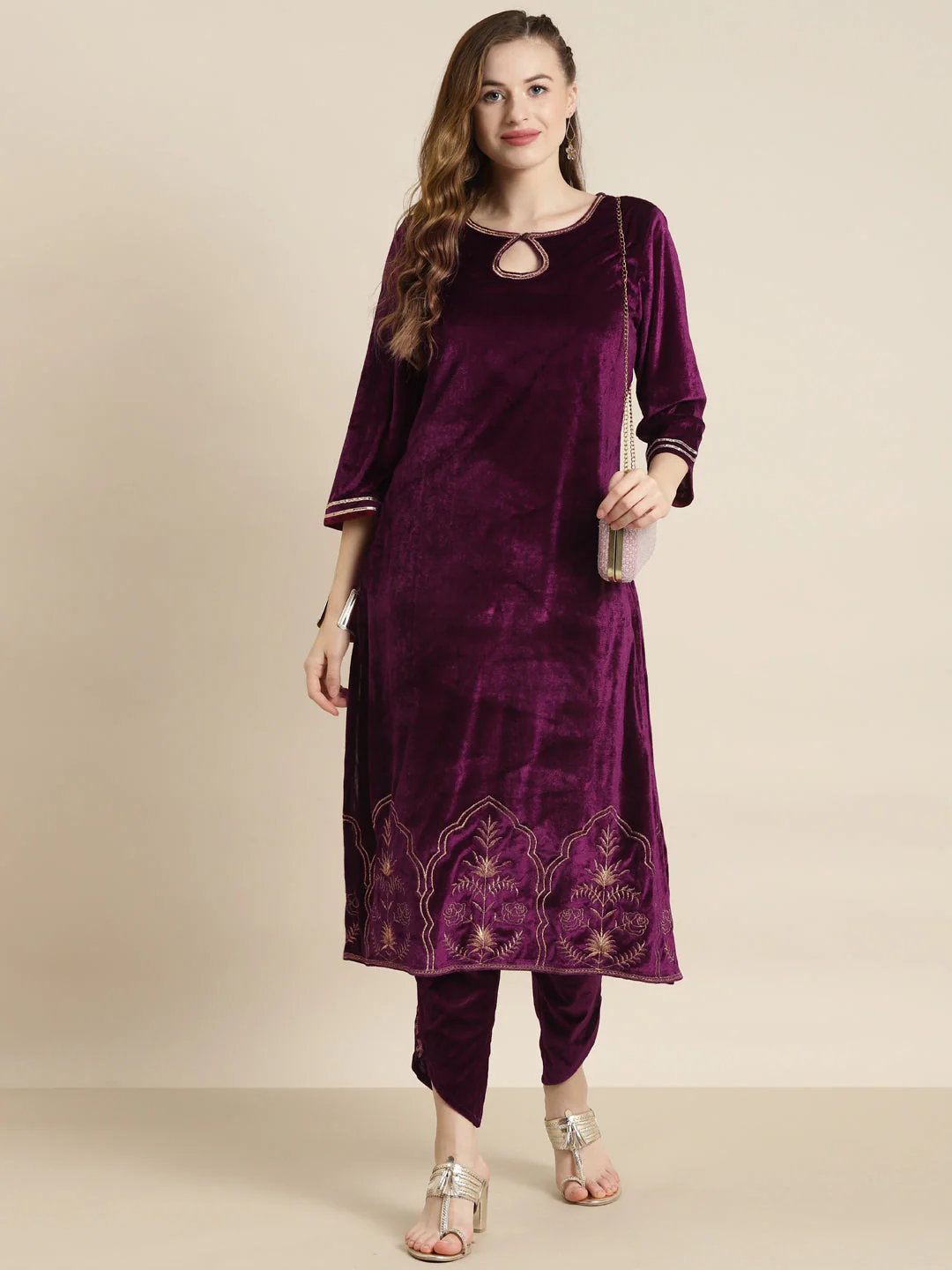 Purple Velvet Hem Zari Embroidered Kurta - Image 5