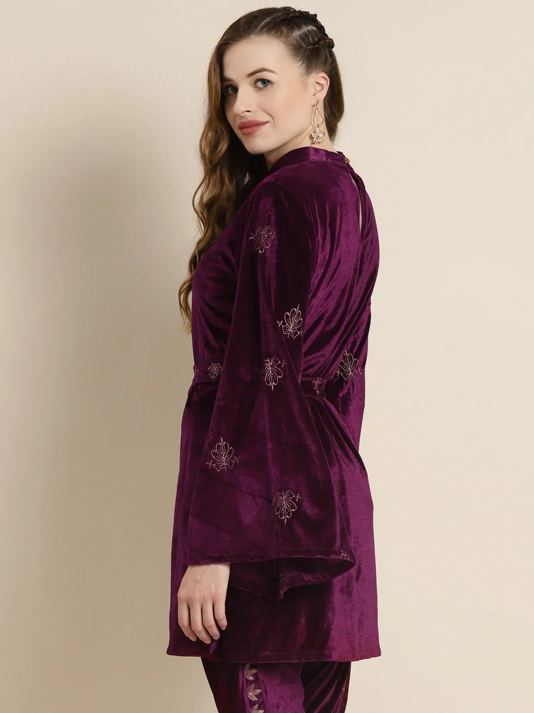 Purple Velvet Zari Embroidered Belt Short Kurta - Image 4