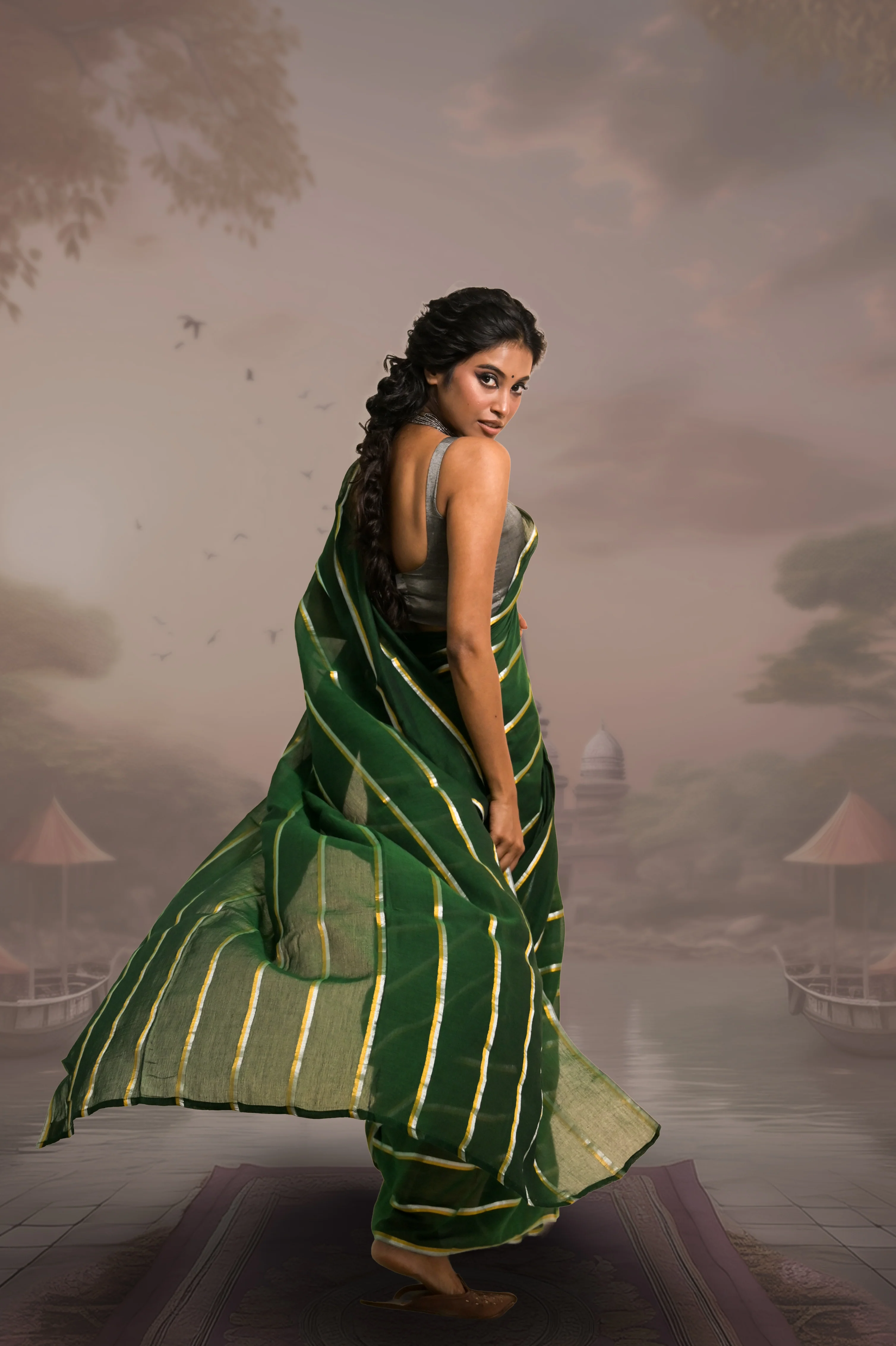 Raagvi Green Handloom Mul Cotton Saree with Zari Stripes - Image 2