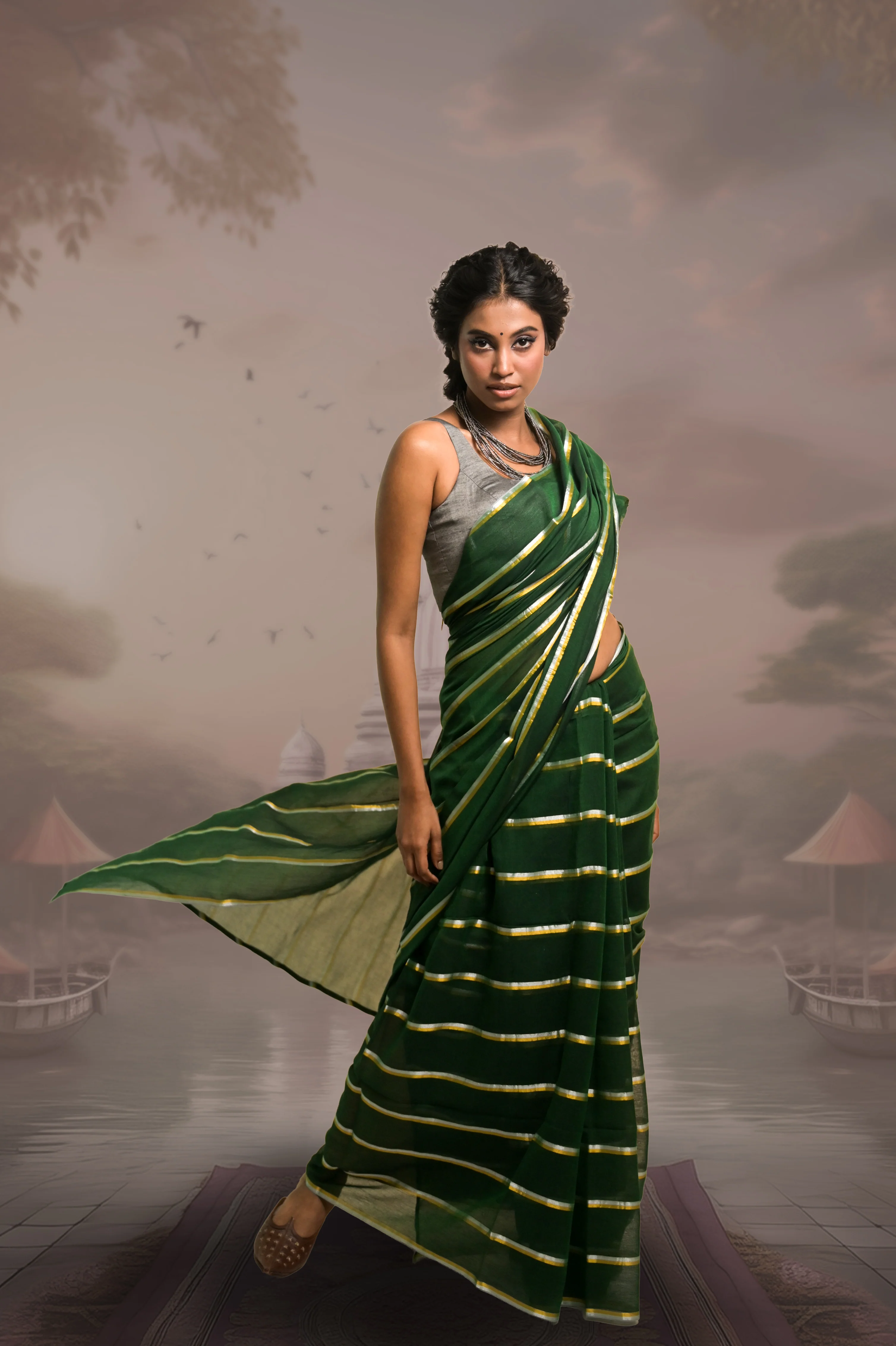 Raagvi Green Handloom Mul Cotton Saree with Zari Stripes - Image 3
