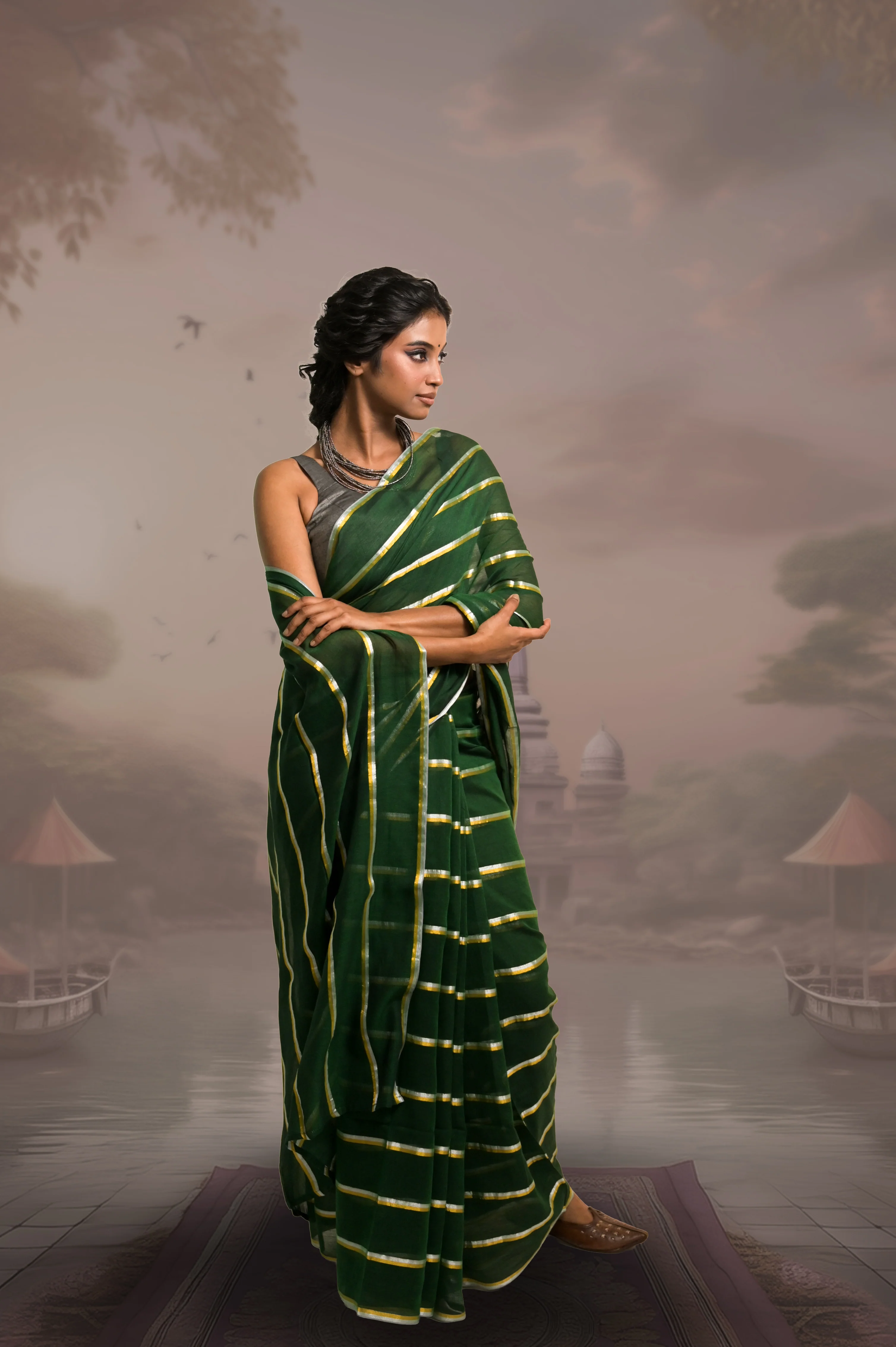 Raagvi Green Handloom Mul Cotton Saree with Zari Stripes - Image 4