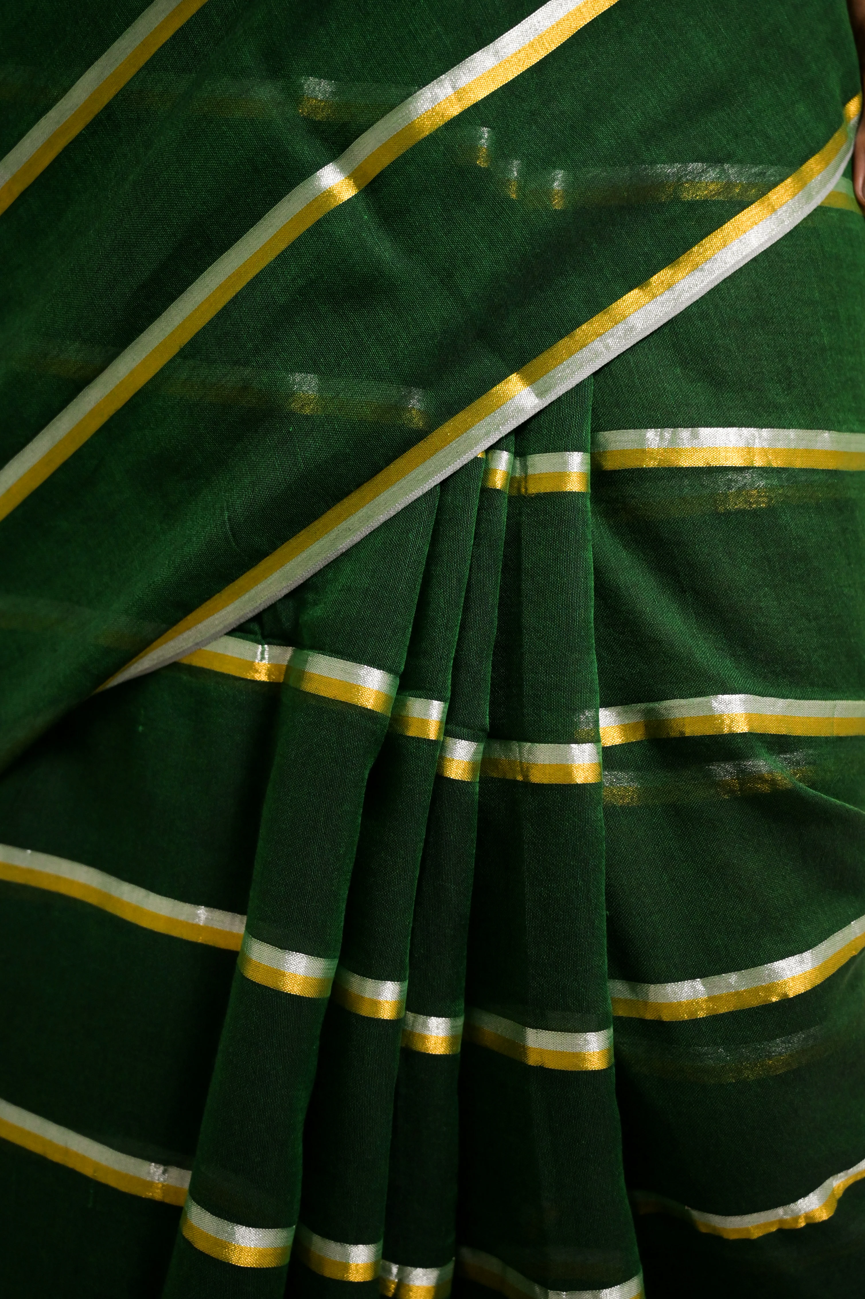 Raagvi Green Handloom Mul Cotton Saree with Zari Stripes - Image 5
