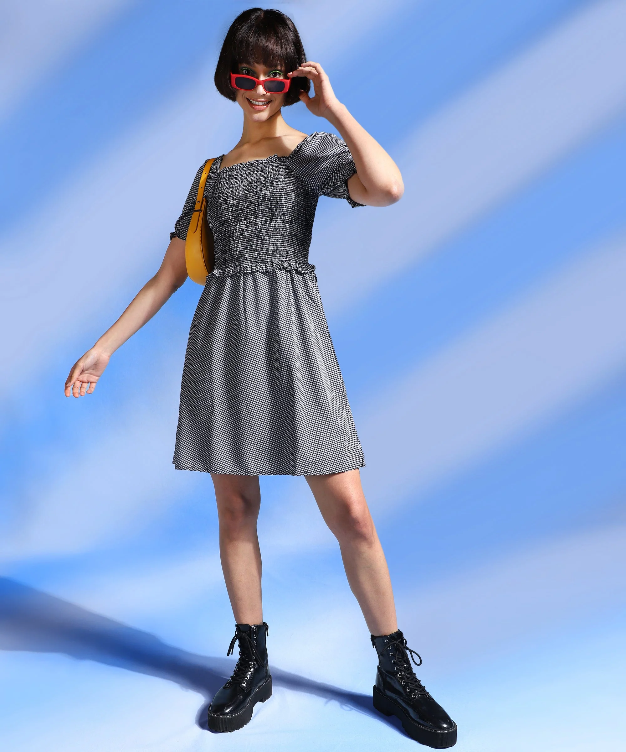 Women Black Knee Length Checked Dress