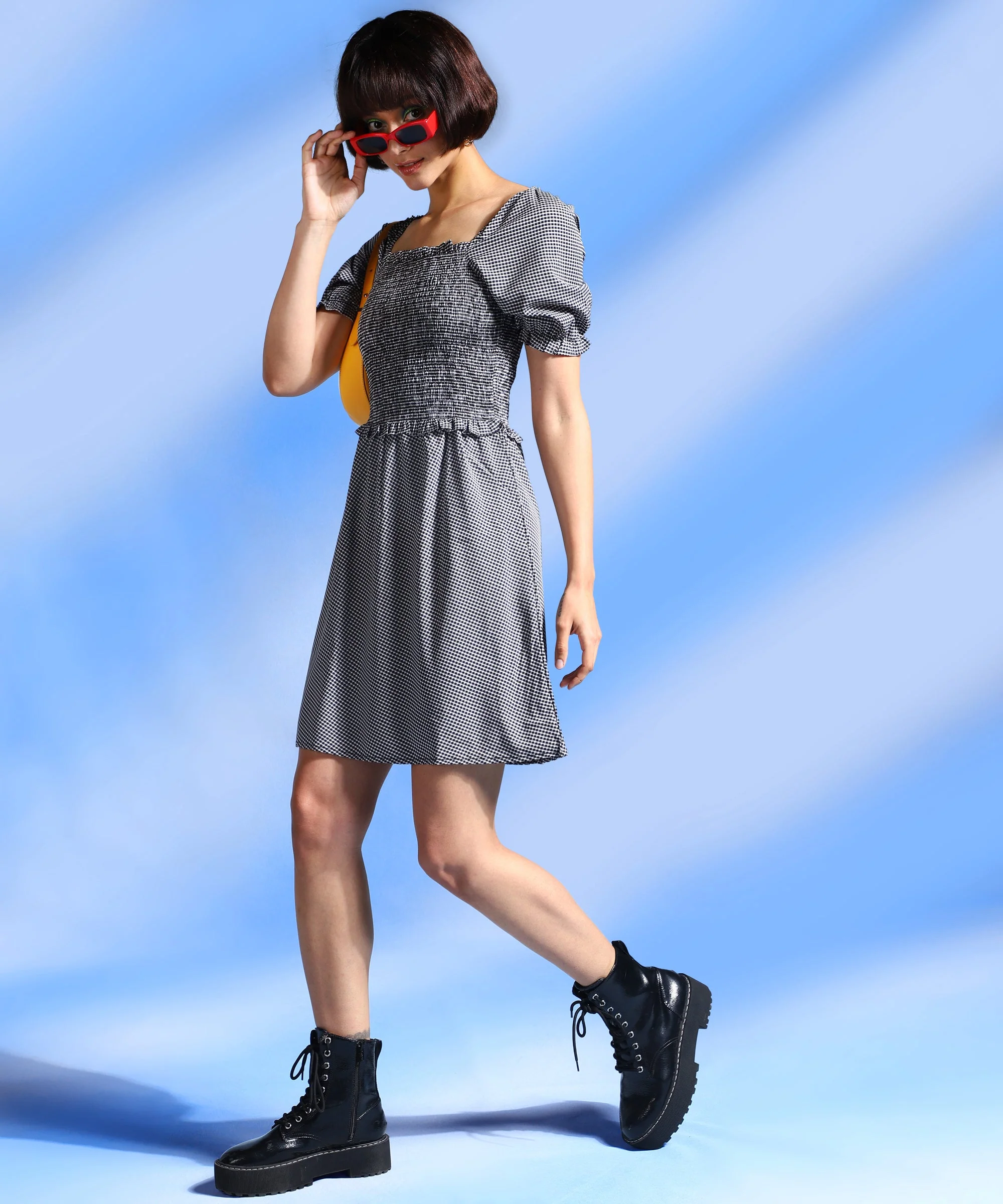 Women Black Knee Length Checked Dress - Image 2