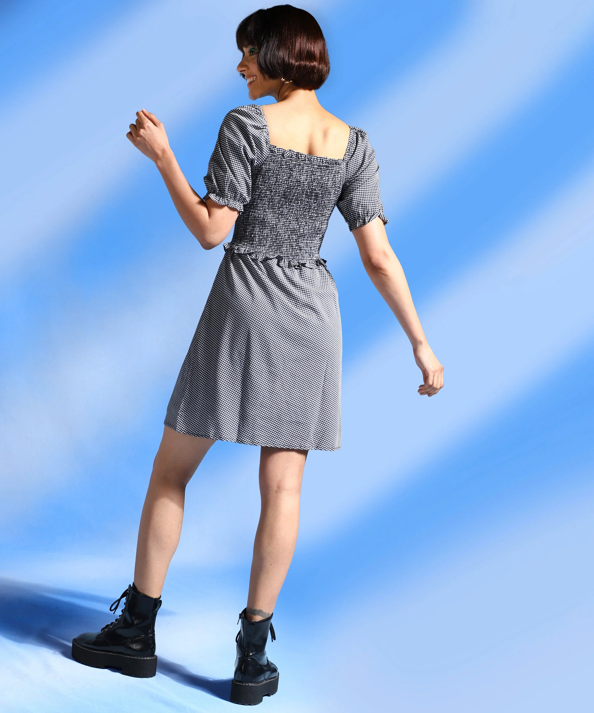 Women Black Knee Length Checked Dress - Image 3
