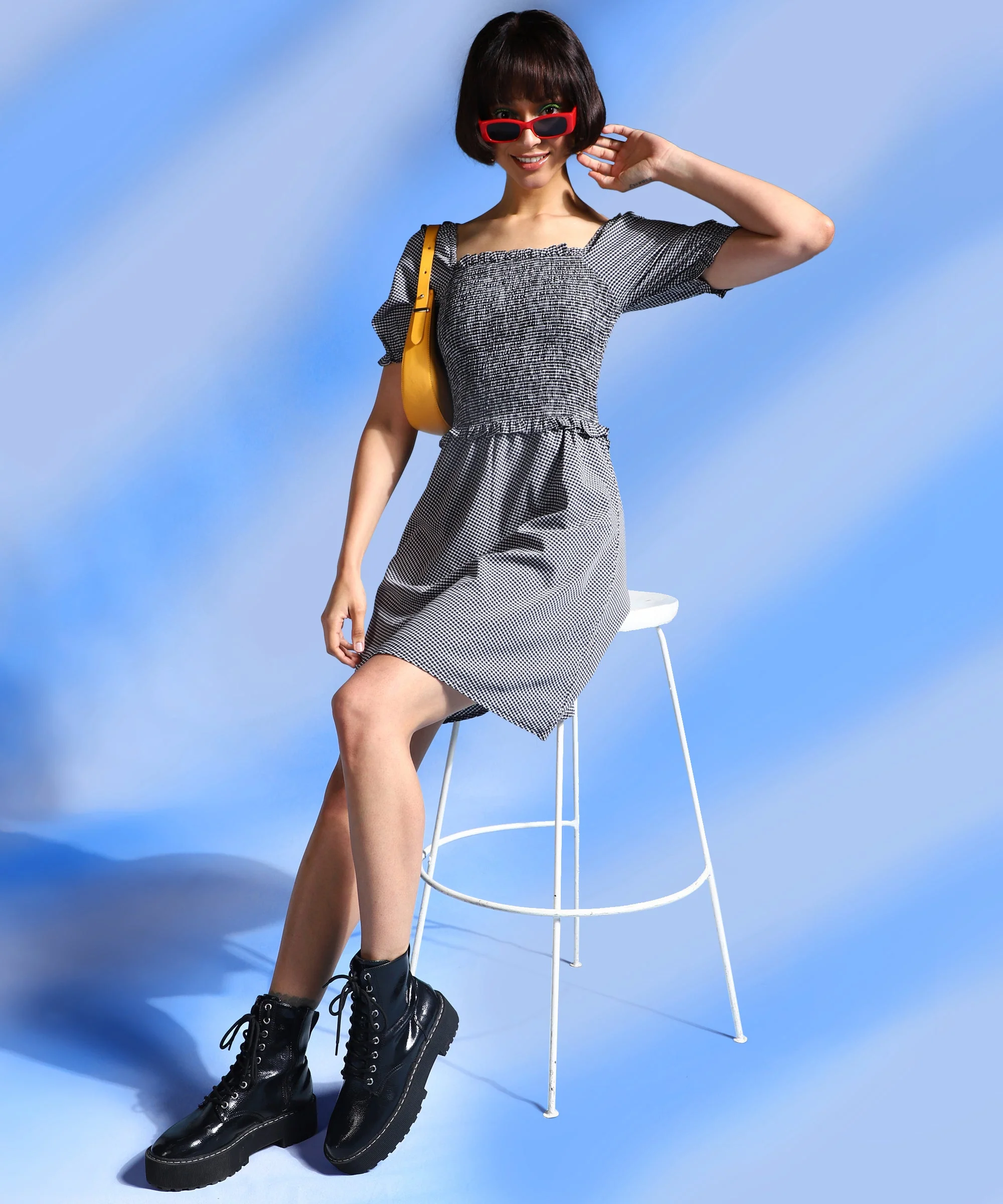 Women Black Knee Length Checked Dress - Image 5