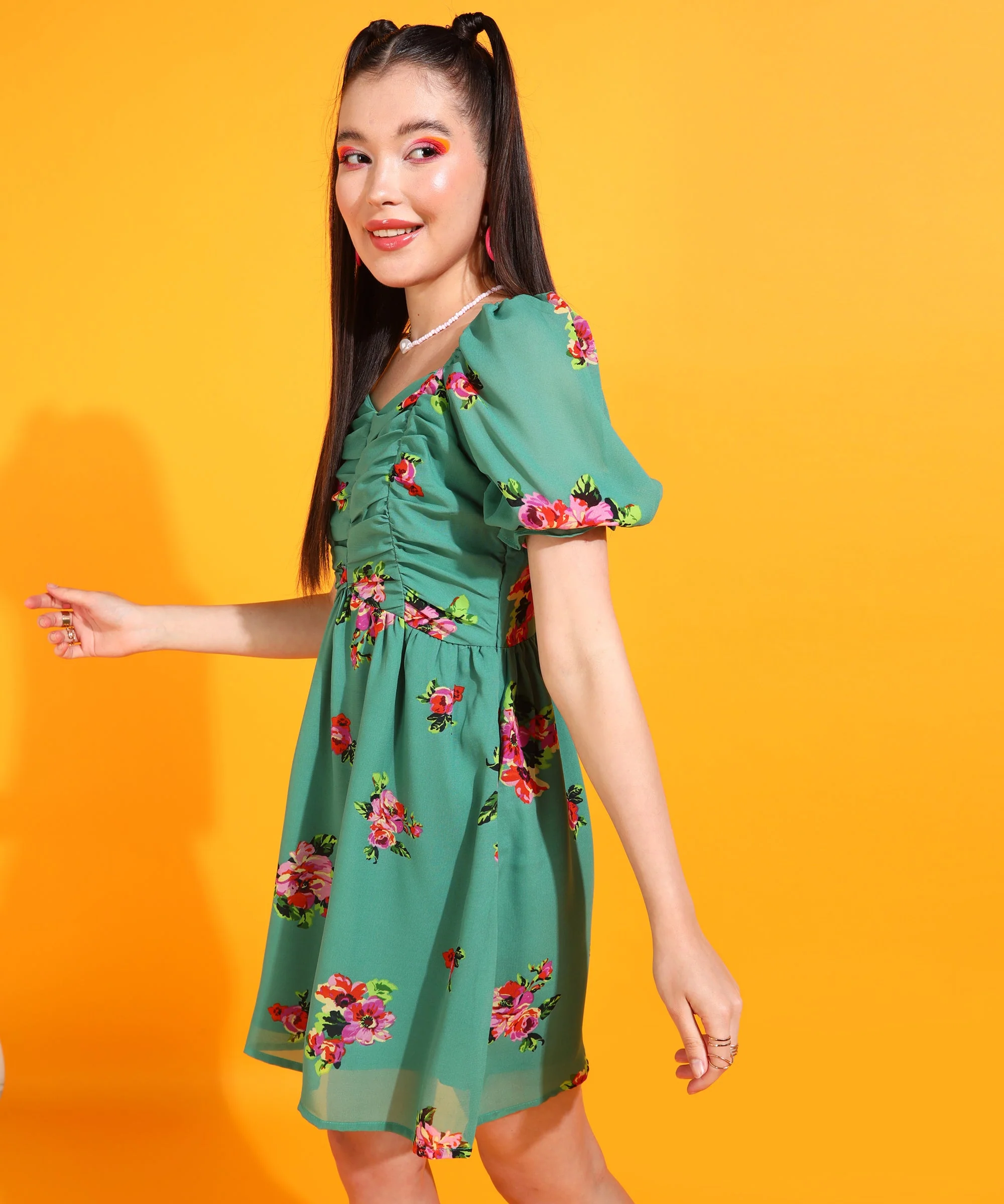 Women Green Above Knee Floral Dress - Image 3