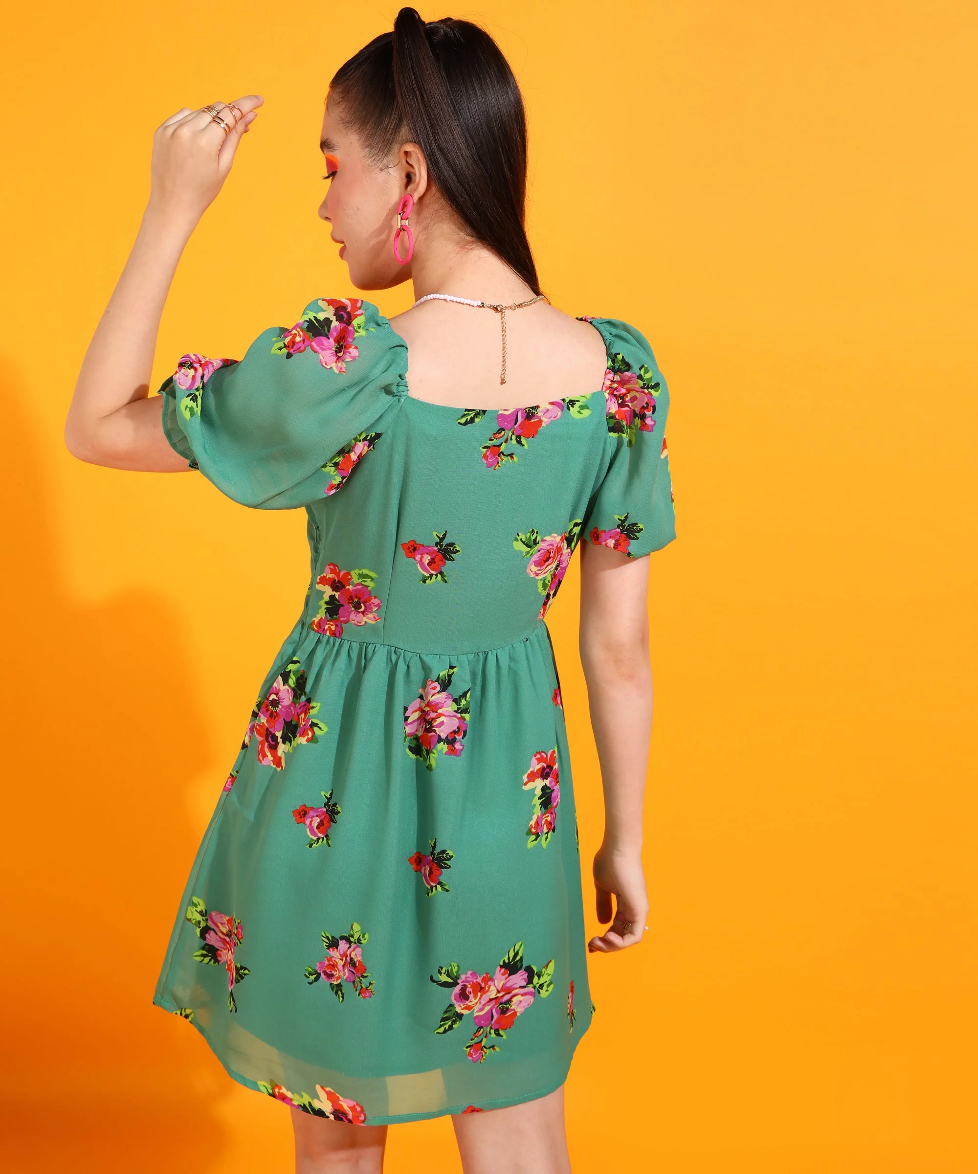 Women Green Above Knee Floral Dress - Image 4
