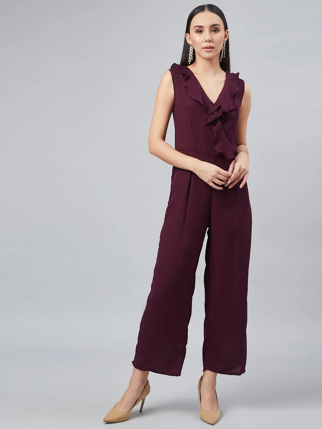 Women Maroon Basic Jumpsuit with Ruffles