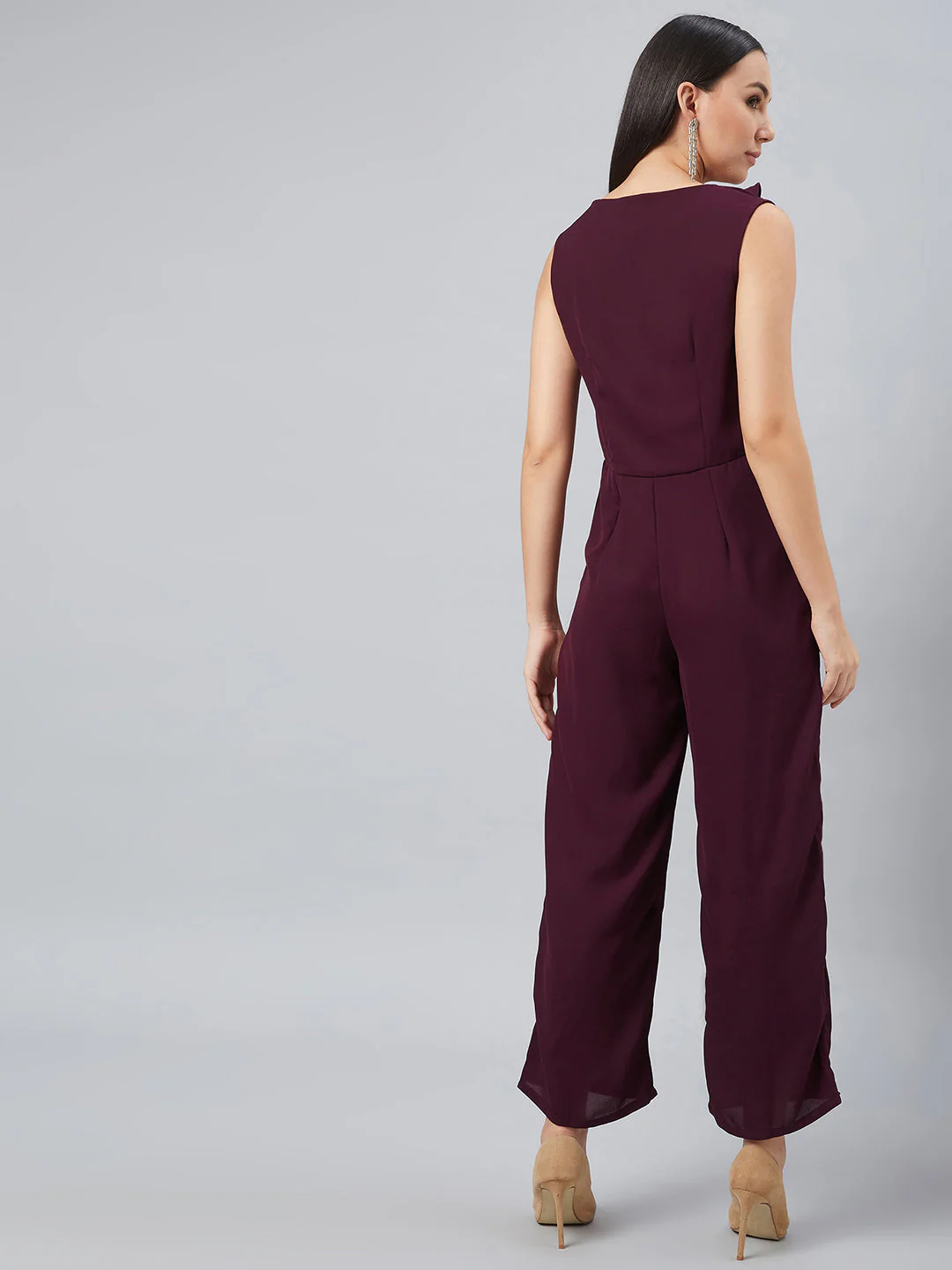 Women Maroon Basic Jumpsuit with Ruffles - Image 2