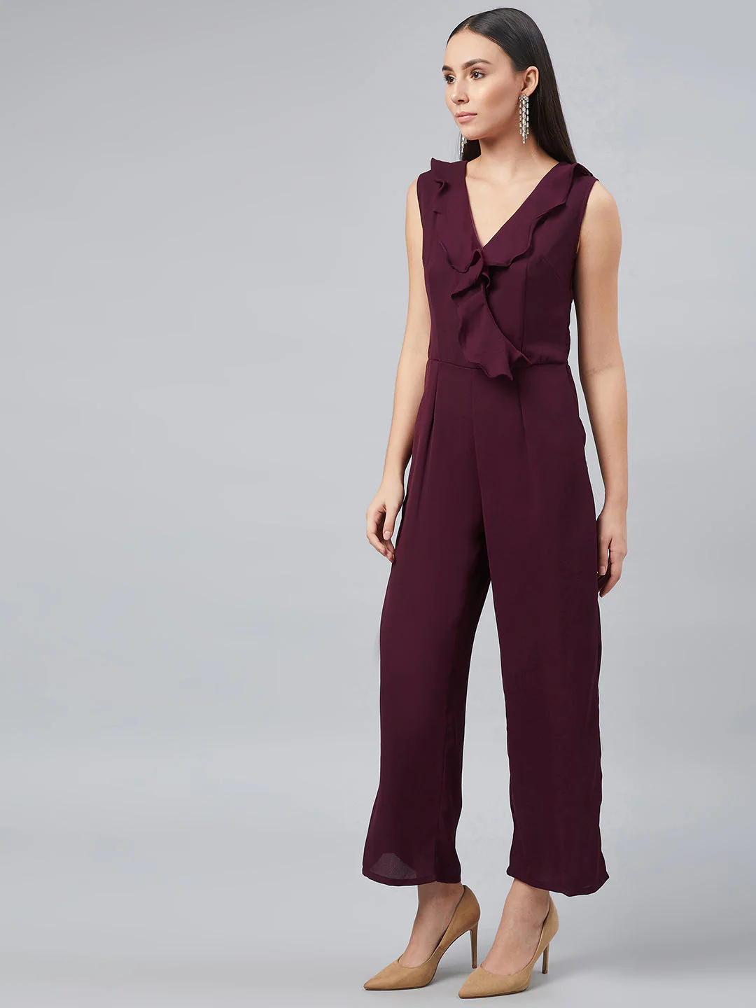 Women Maroon Basic Jumpsuit with Ruffles - Image 3