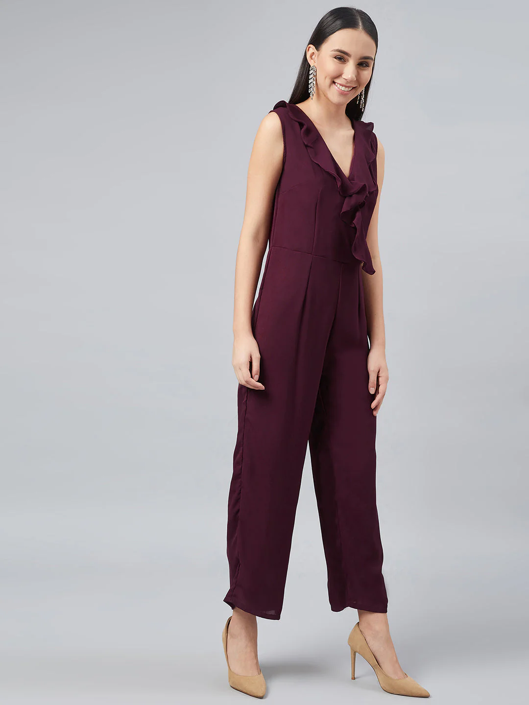 Women Maroon Basic Jumpsuit with Ruffles - Image 4