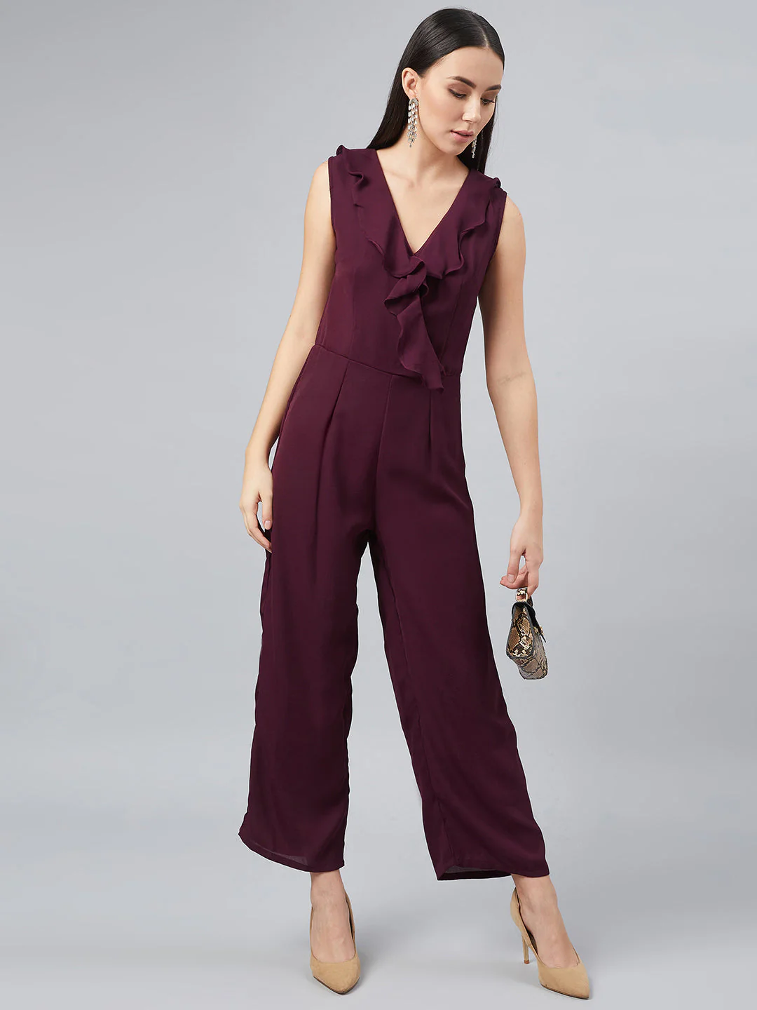 Women Maroon Basic Jumpsuit with Ruffles - Image 6