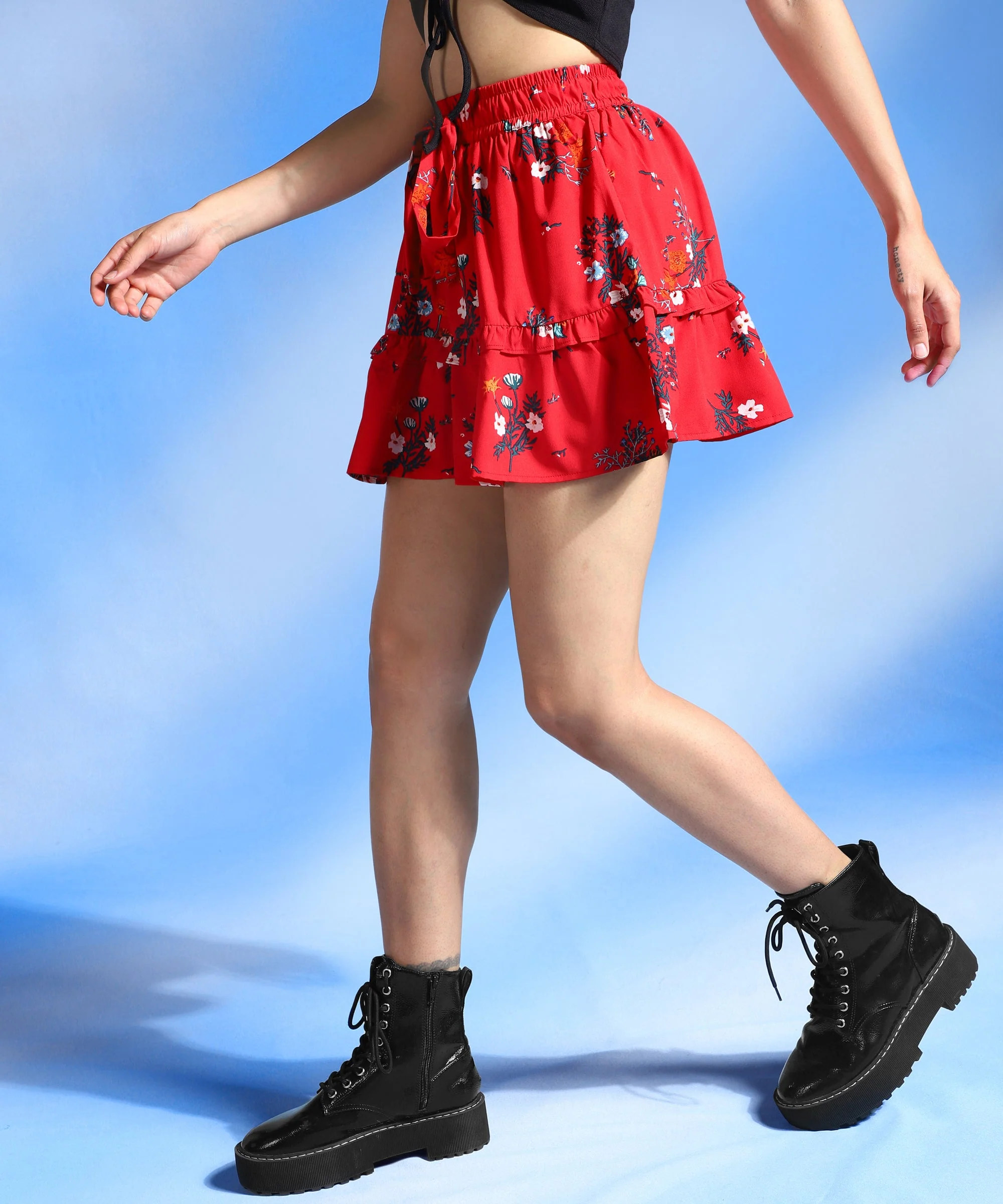 Women Floral Print Tiered Ruffles Mini Skirt - Image 2