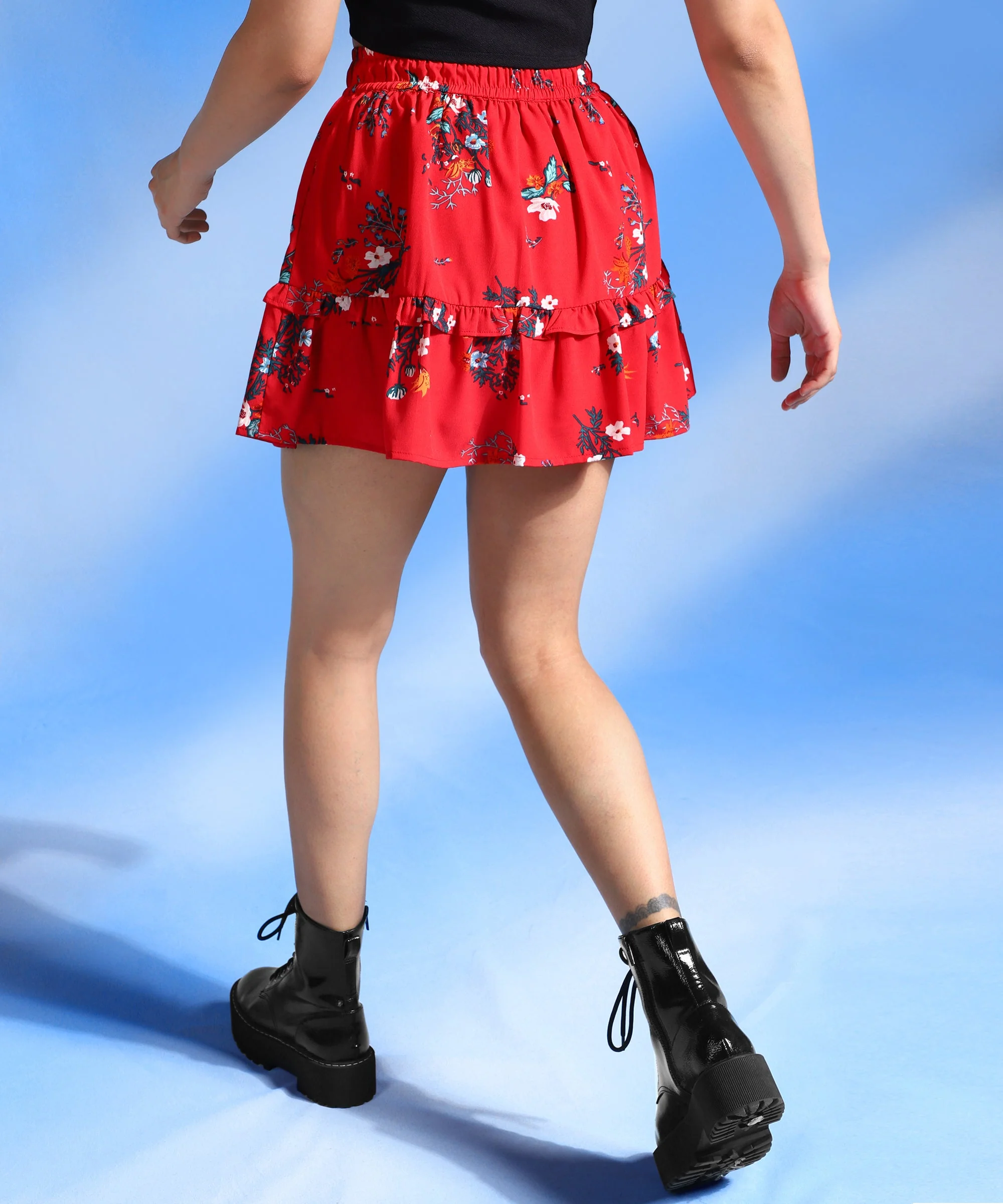 Women Floral Print Tiered Ruffles Mini Skirt - Image 3