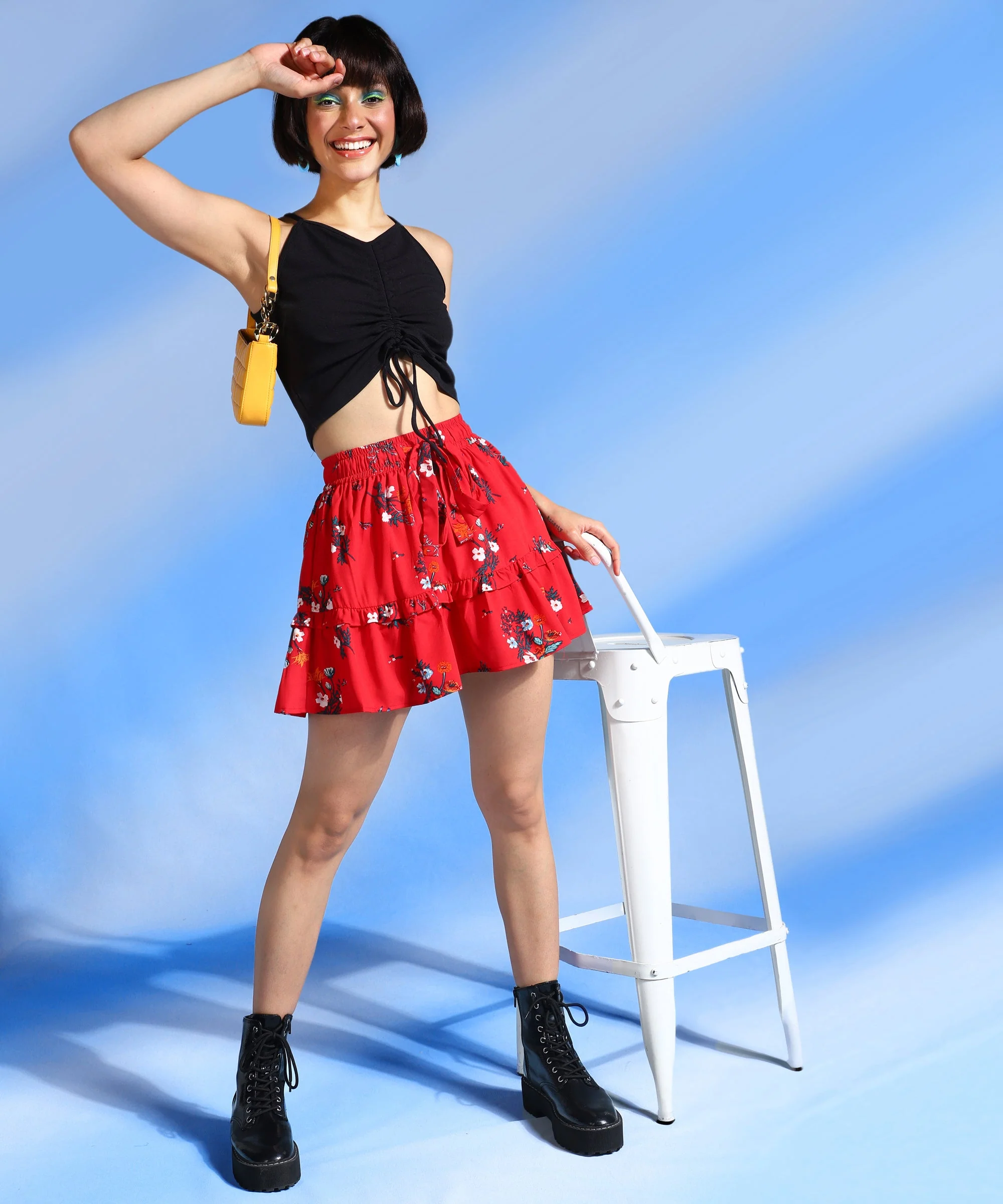 Women Floral Print Tiered Ruffles Mini Skirt - Image 5