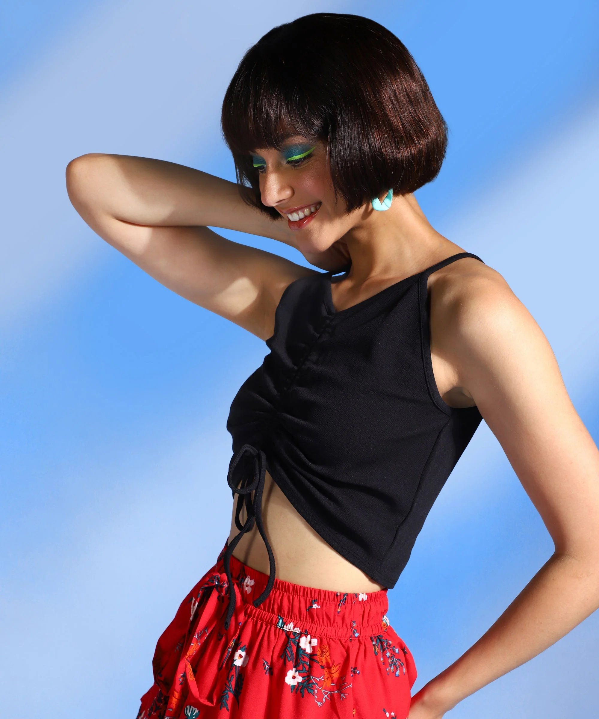 Women Black  V-Neck Fitted Top - Image 2