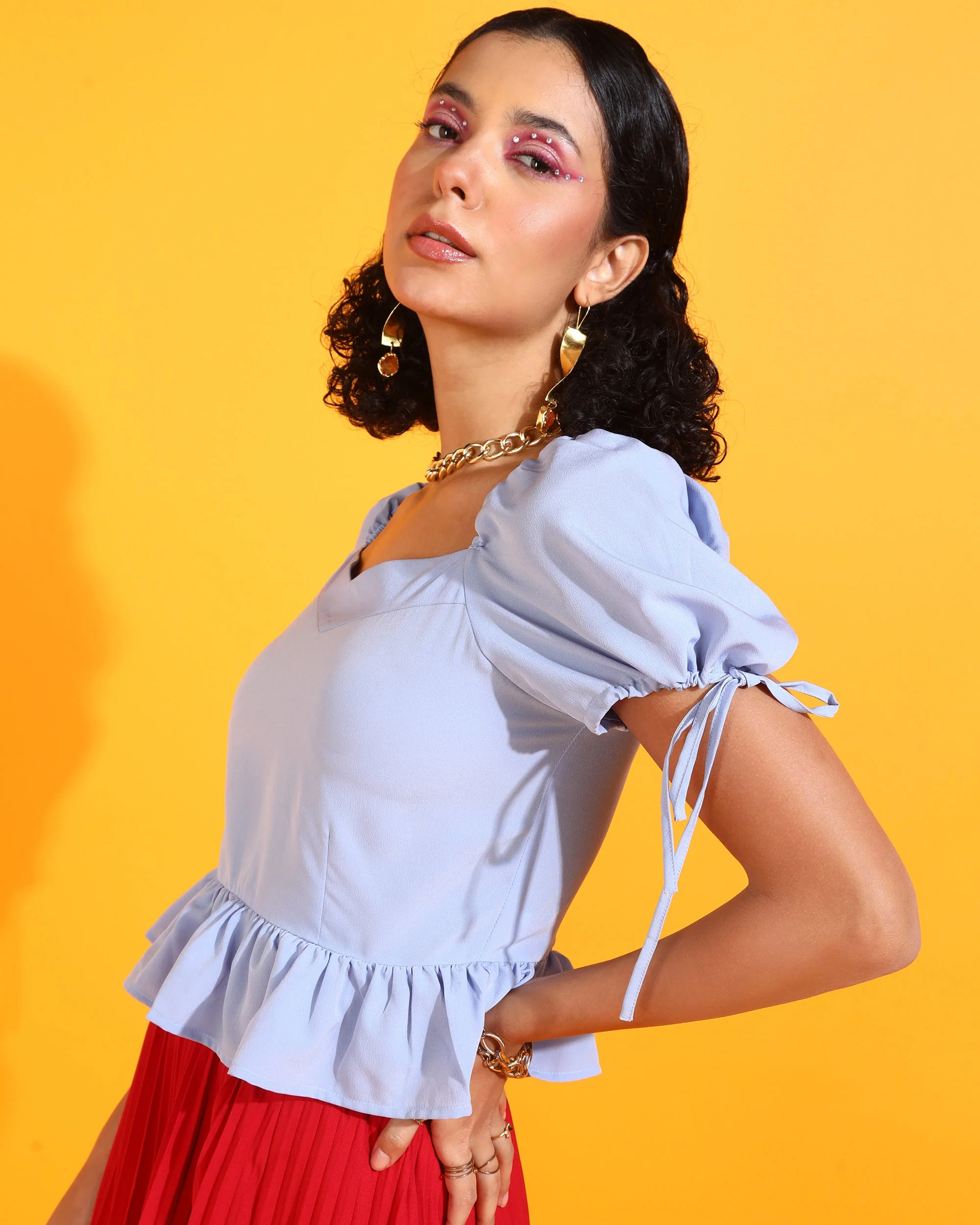 Women Blue Solid Peplum Top - Image 2