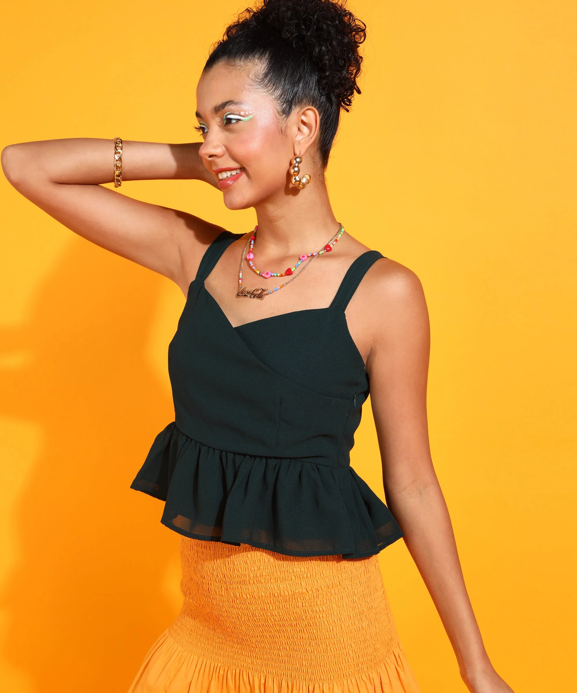 Women Green Neck Solid Peplum Top - Image 2