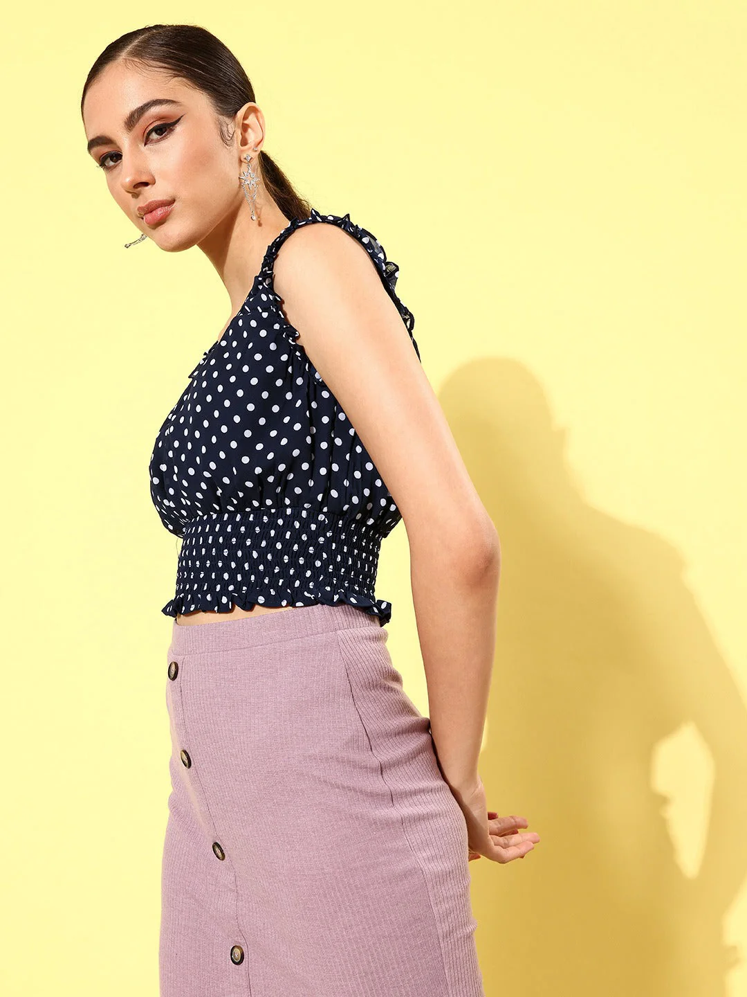 Women Polka Dots Cinched Waist Top - Image 2