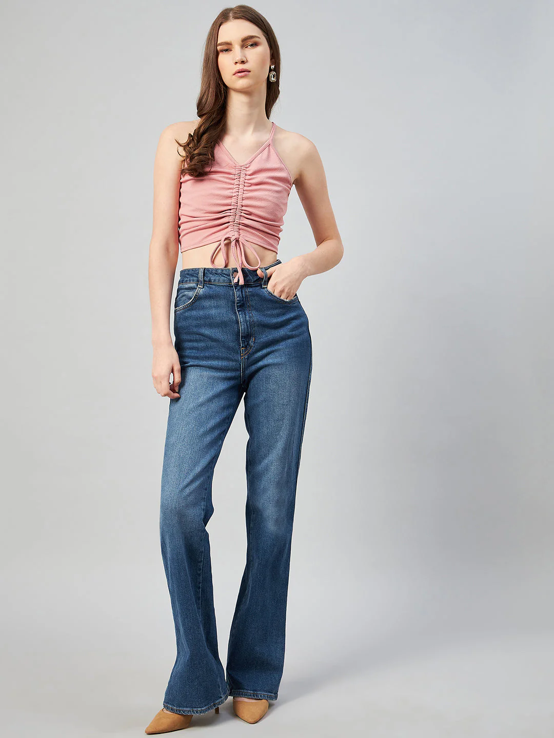 Women Peach V-Neck Fitted Top - Image 2