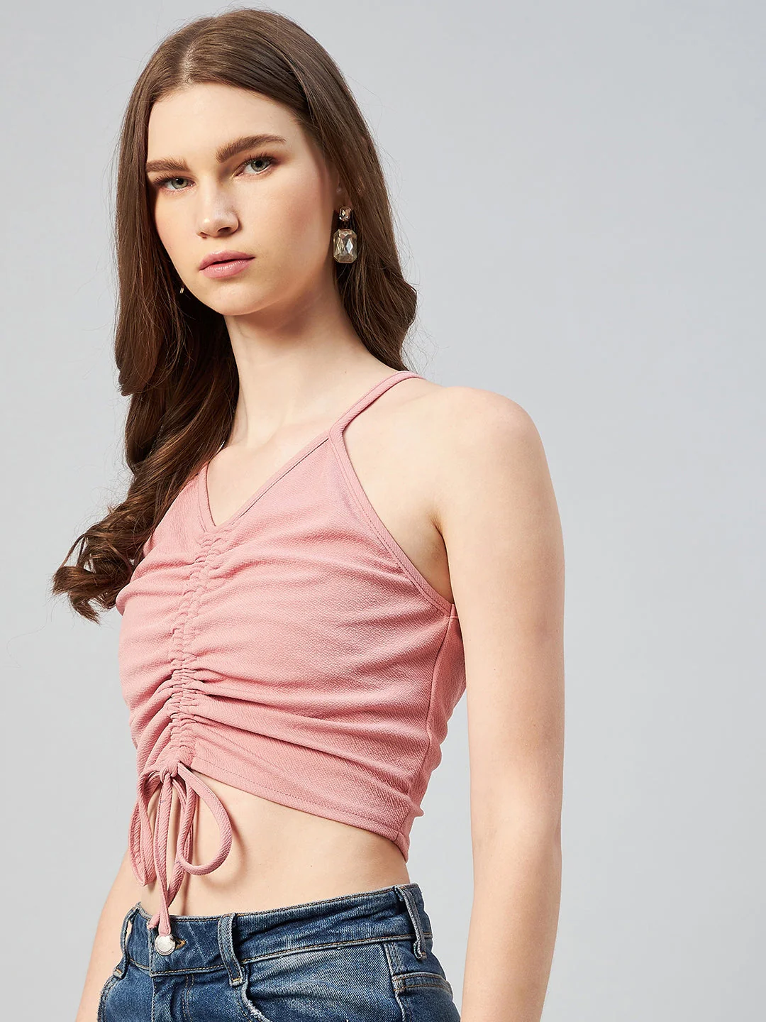 Women Peach V-Neck Fitted Top - Image 3
