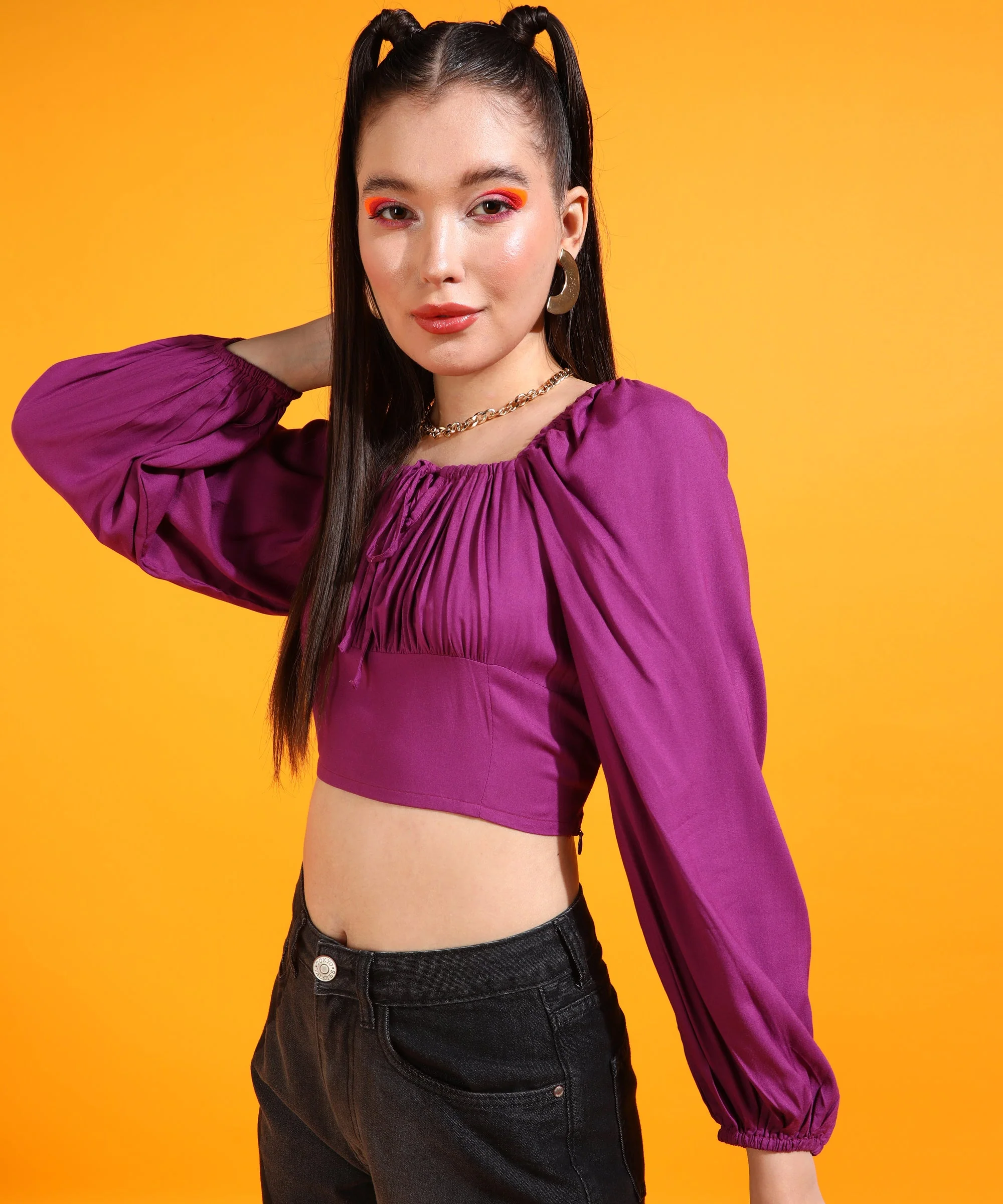 Women Purple Square Neck Solid Fitted Top - Image 2