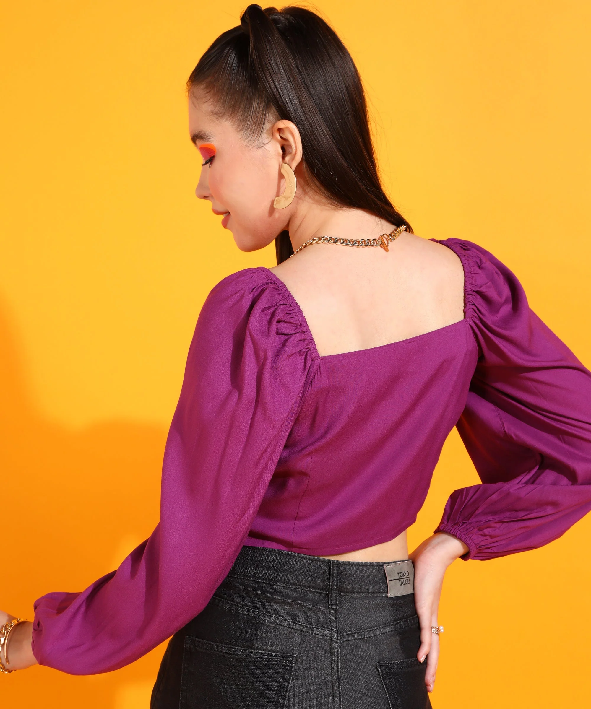 Women Purple Square Neck Solid Fitted Top - Image 3