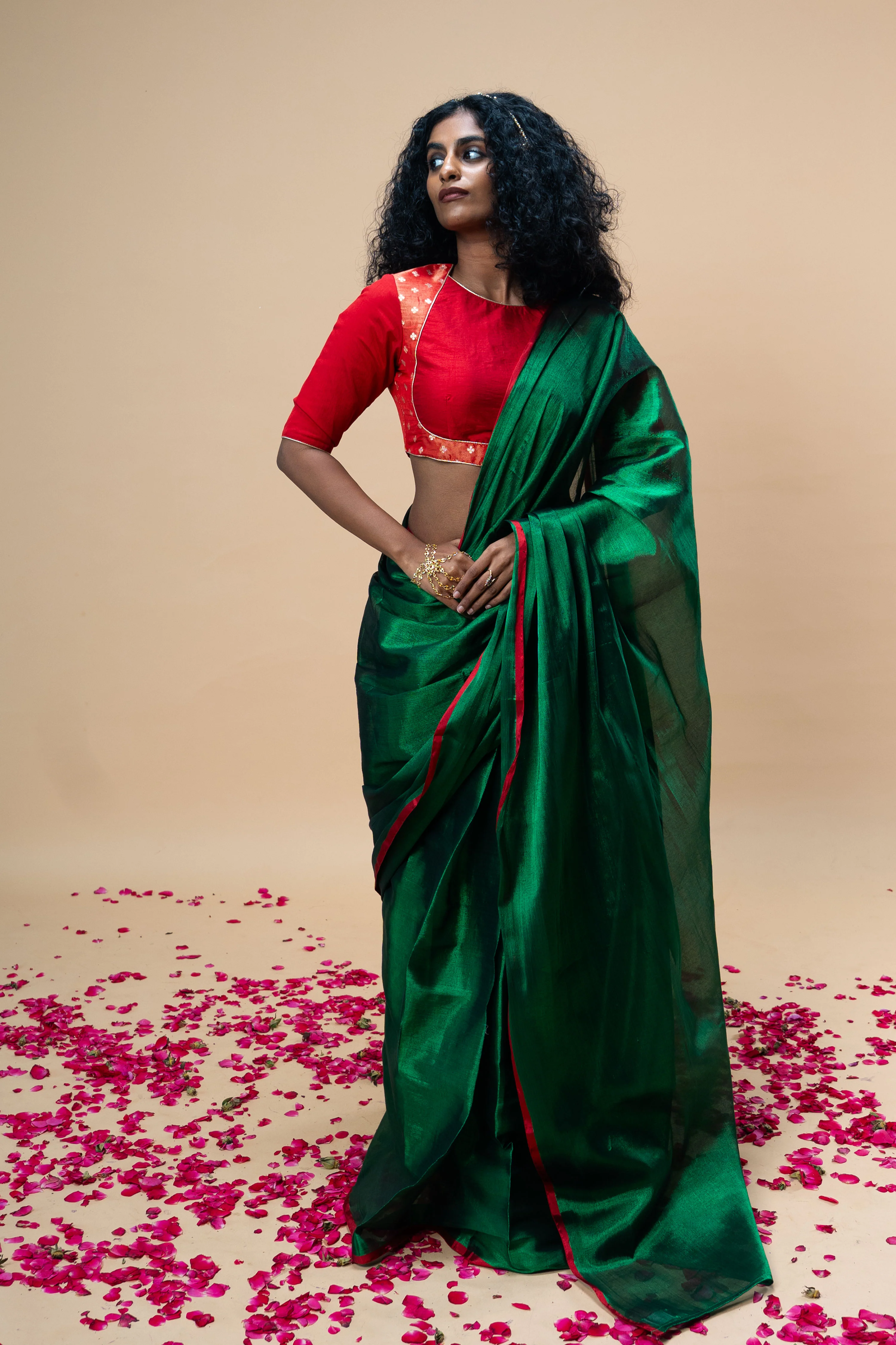 RASHVI I Green handwoven tissue saree with red border - Image 2