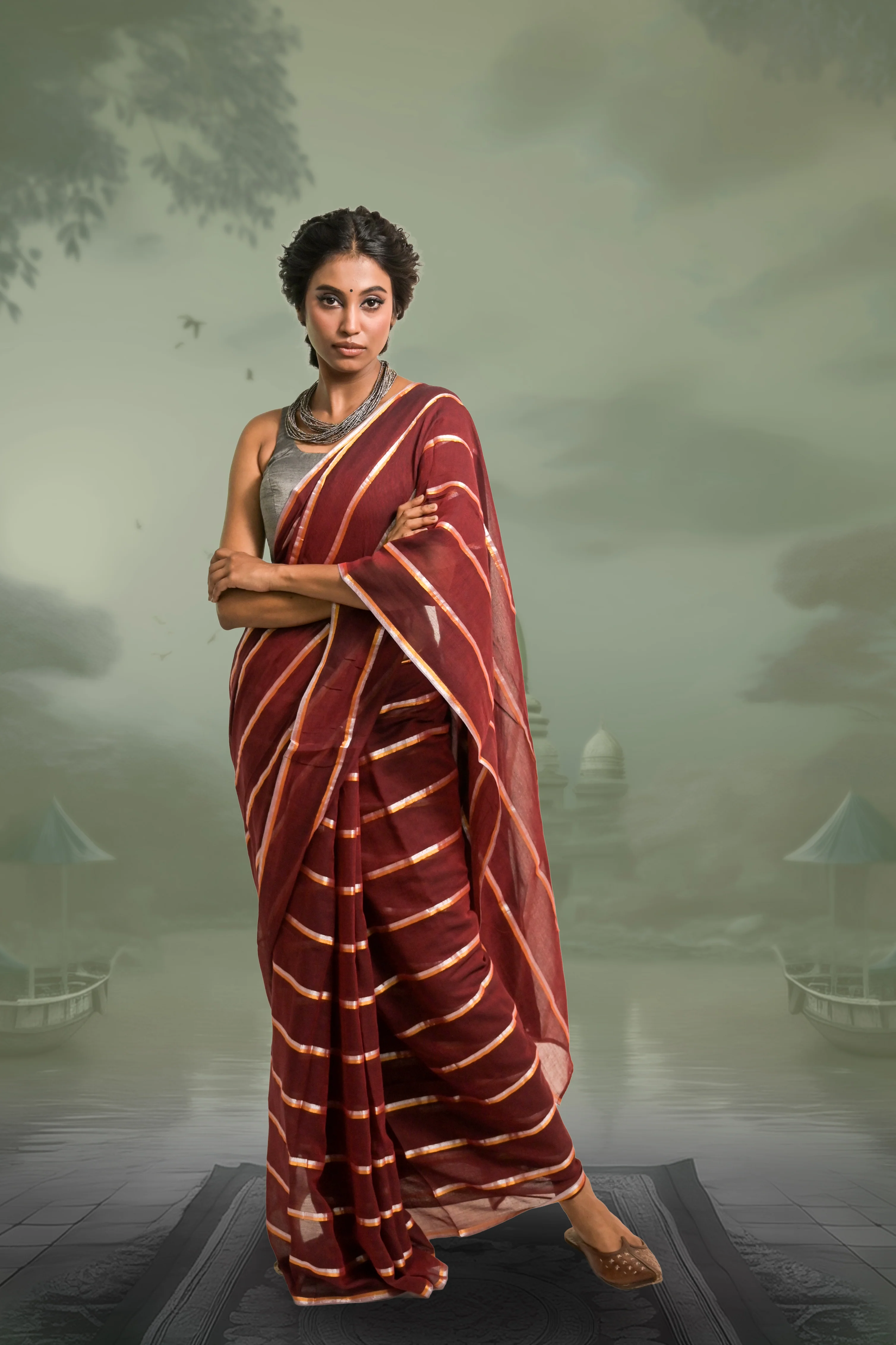 Ravira Maroon Handloom Mul Cotton Saree with Zari Stripes - Image 2