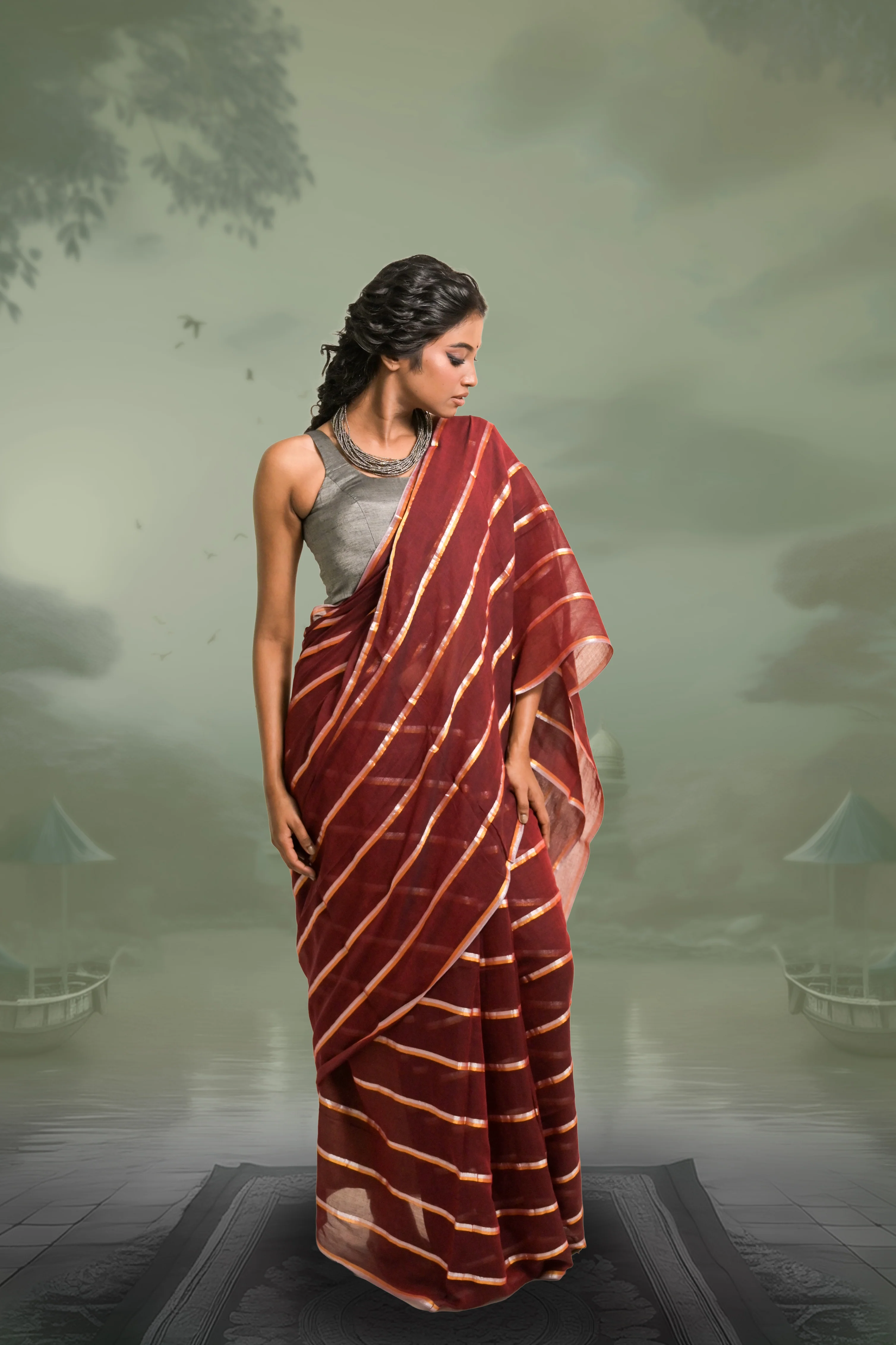 Ravira Maroon Handloom Mul Cotton Saree with Zari Stripes - Image 3