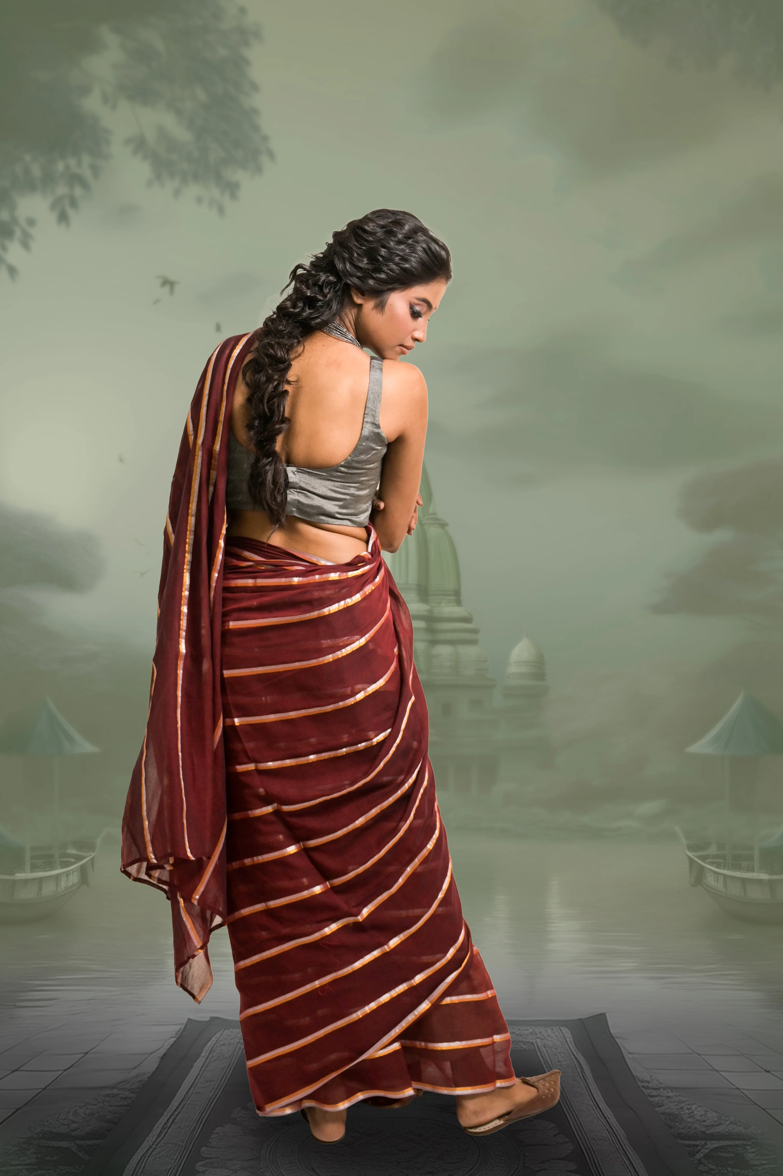 Ravira Maroon Handloom Mul Cotton Saree with Zari Stripes - Image 4